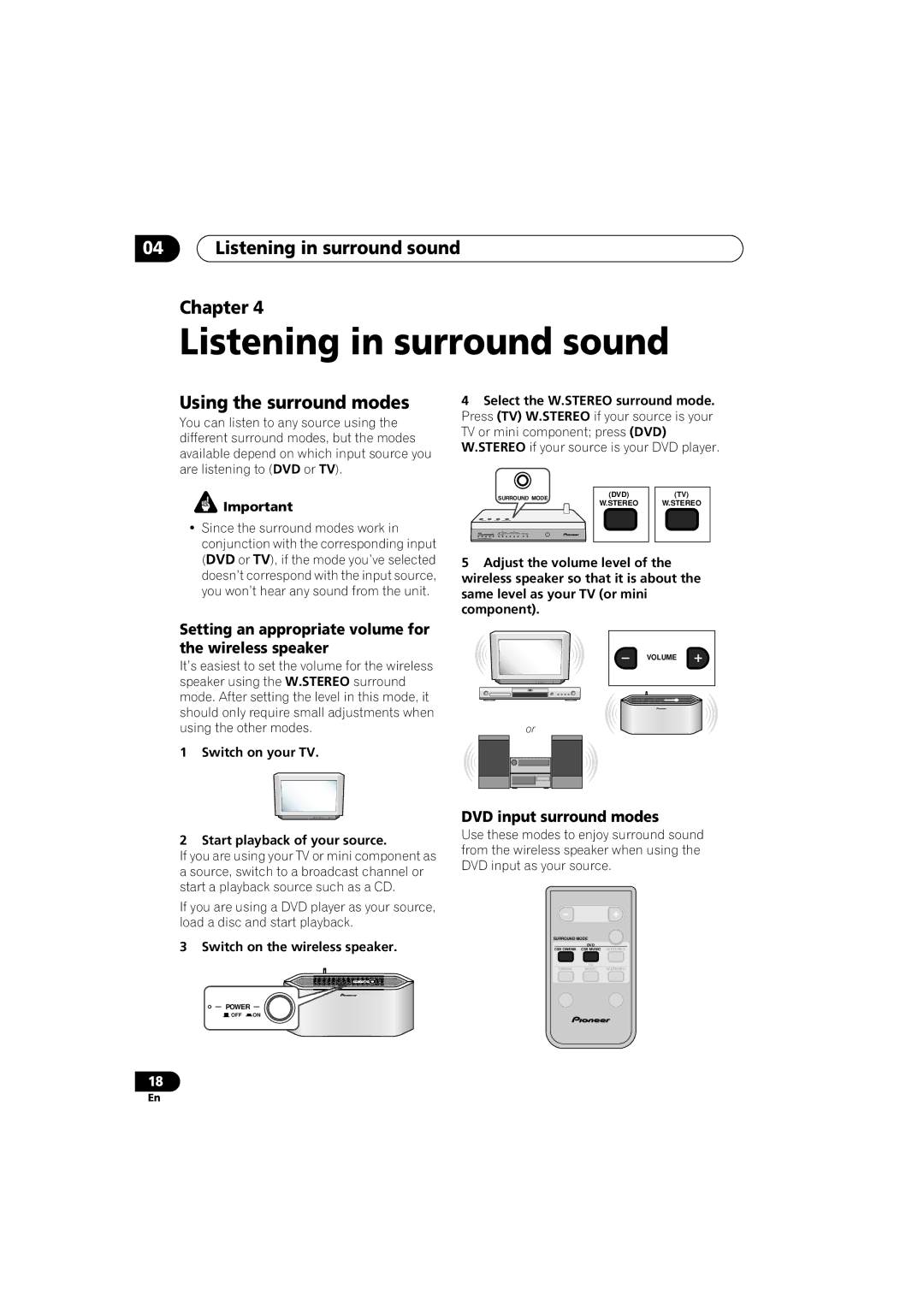 Pioneer XW-HT1 manual Listening in surround sound Chapter, Using the surround modes, DVD input surround modes 