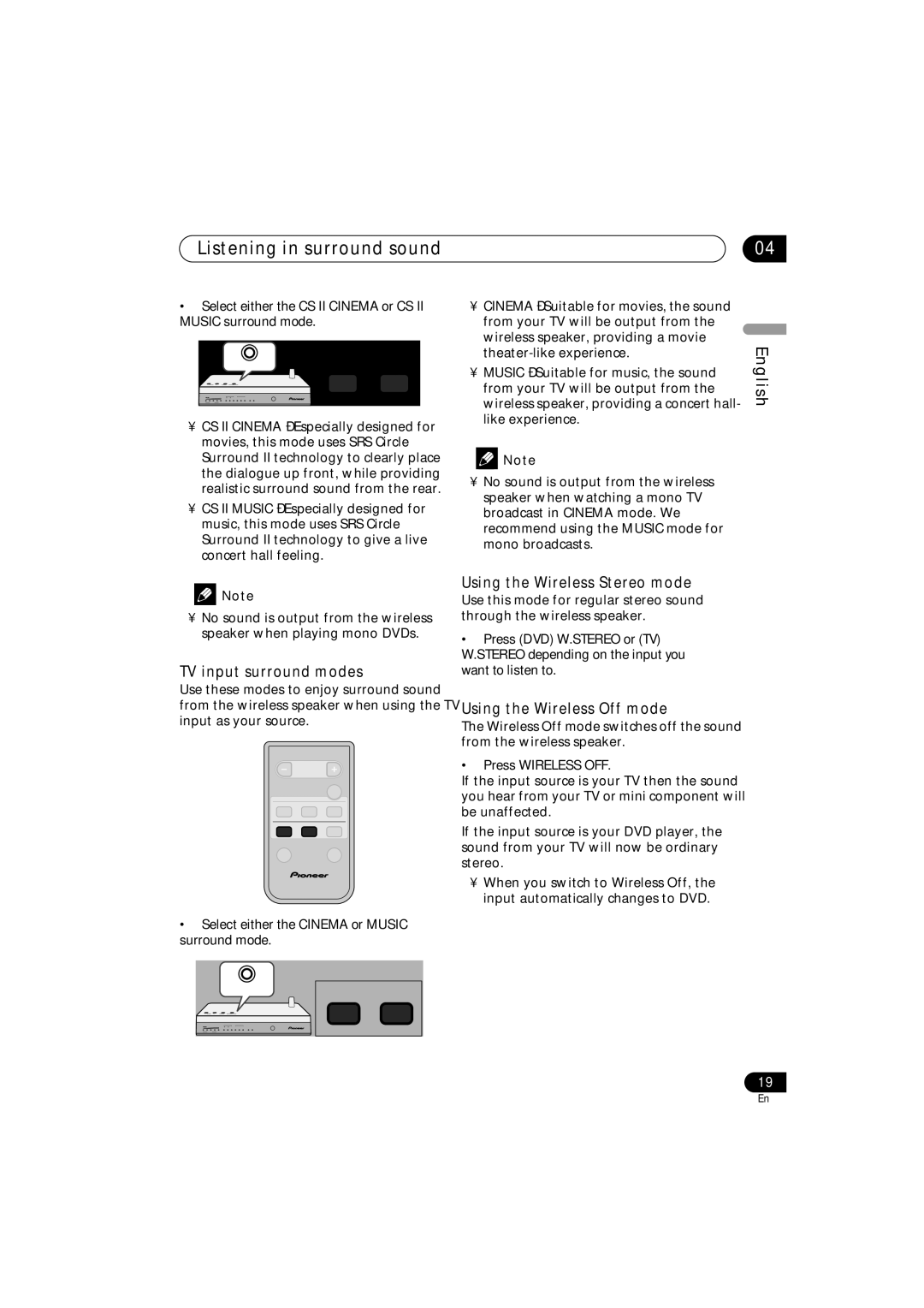 Pioneer XW-HT1 manual Listening in surround sound, TV input surround modes, Using the Wireless Stereo mode 