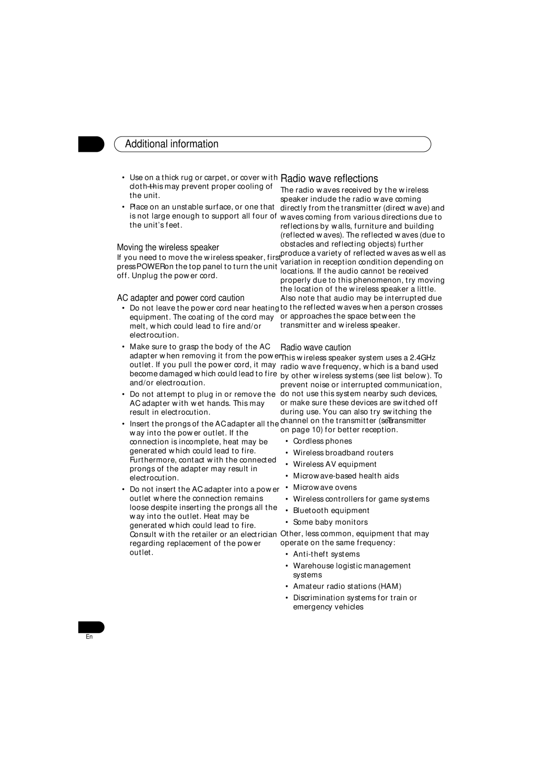 Pioneer XW-HT1 Radio wave reflections, Moving the wireless speaker, AC adapter and power cord caution, Radio wave caution 