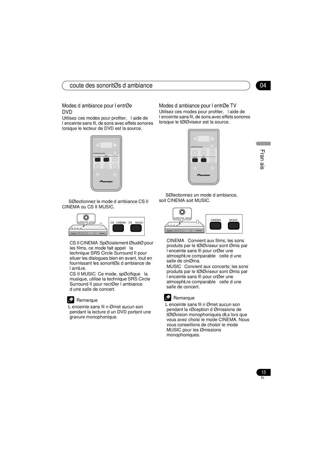 Pioneer XW-HT1 manual Écoute des sonorités d’ambiance, Modes d’ambiance pour l’entrée TV 