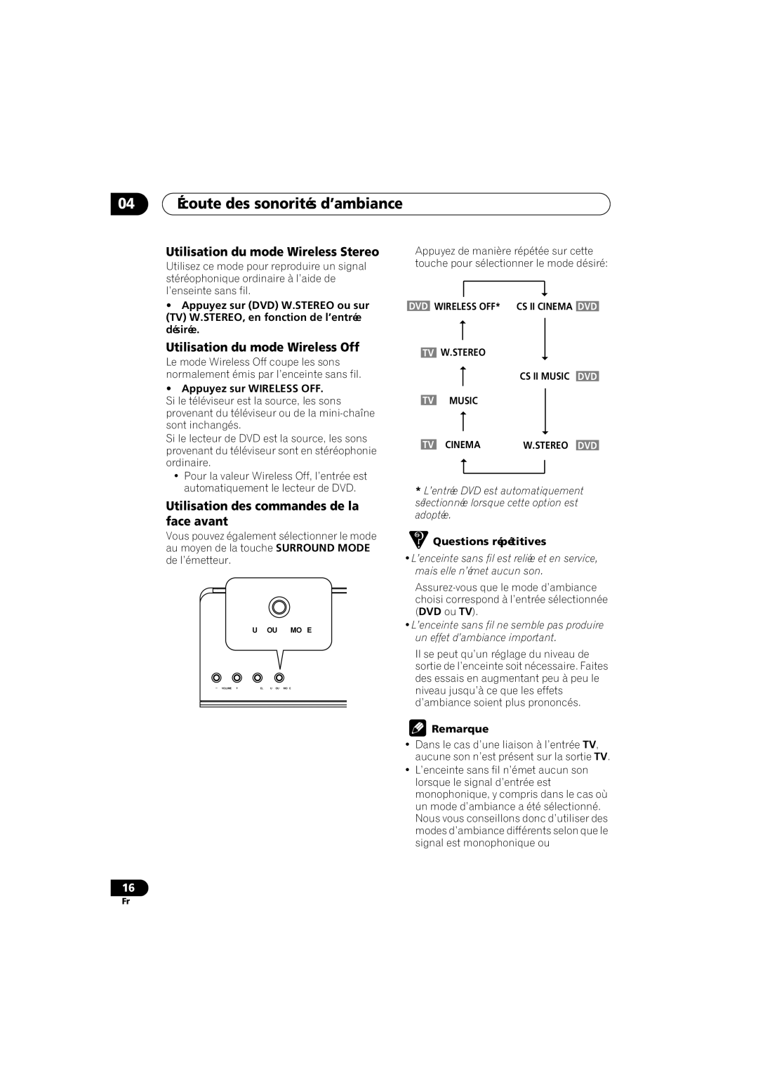 Pioneer XW-HT1 04 Écoute des sonorités d’ambiance, Utilisation du mode Wireless Stereo, Utilisation du mode Wireless Off 