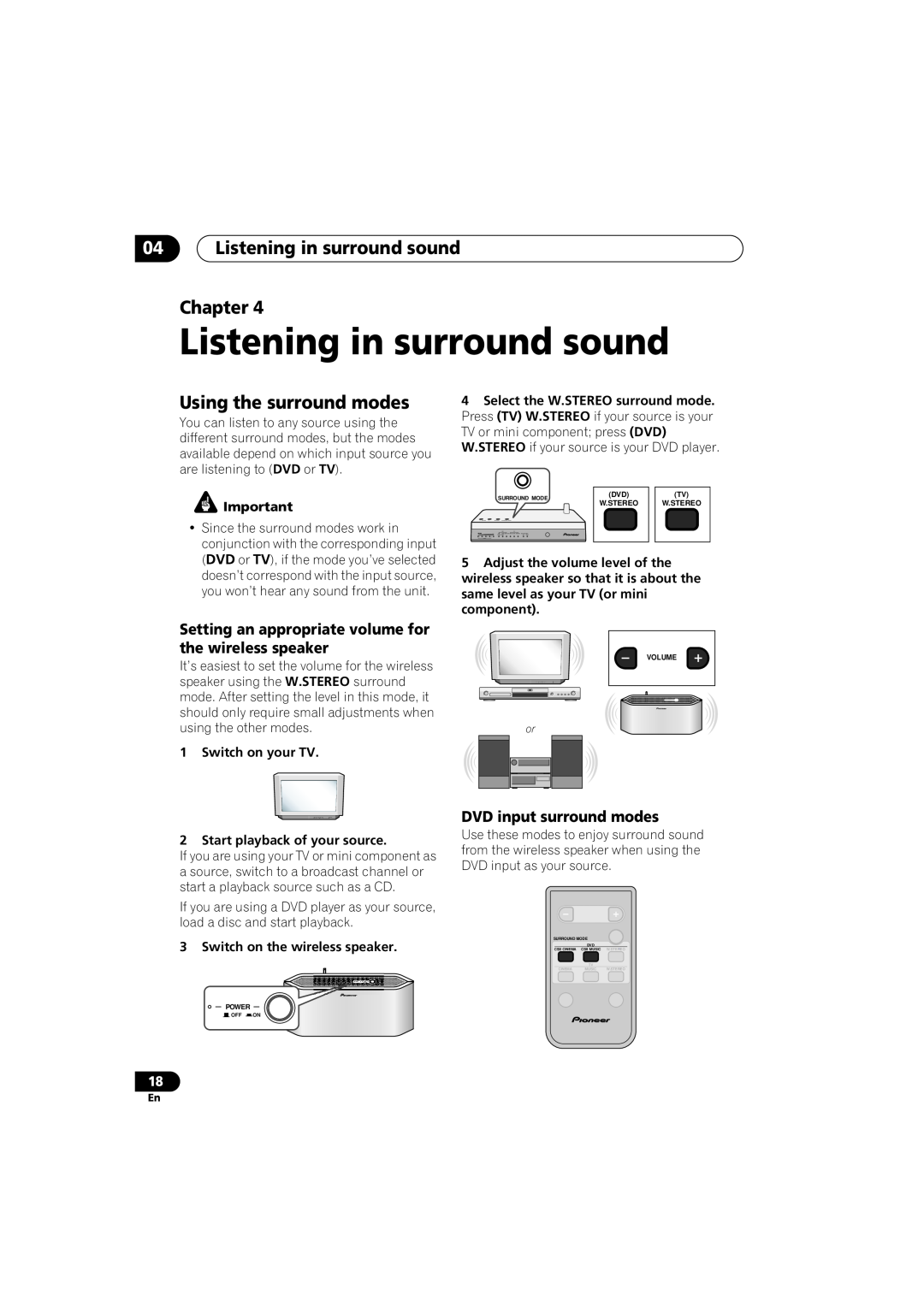 Pioneer XW-HT1 manual 04Listening in surround sound Chapter, Using the surround modes, DVD input surround modes 