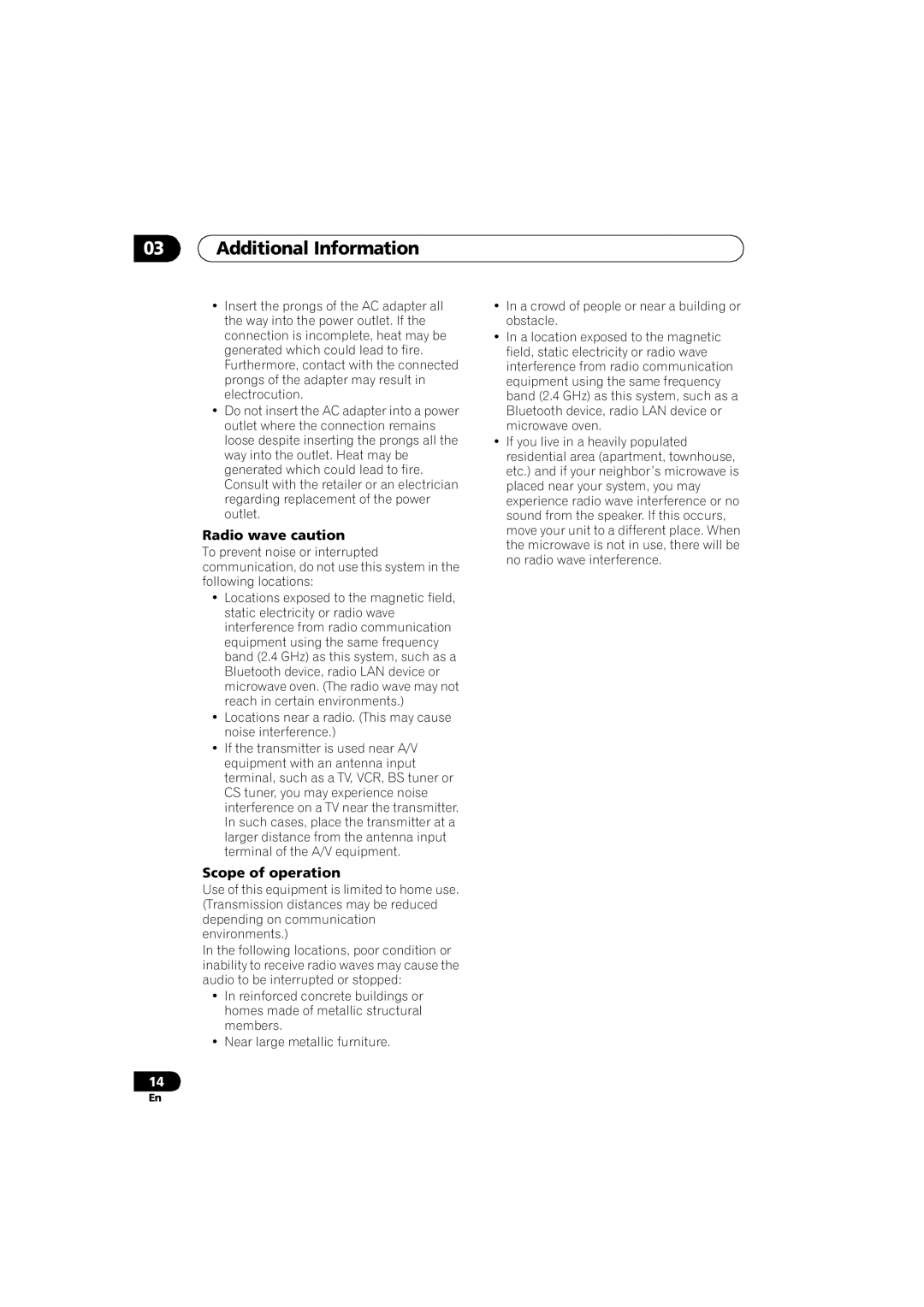 Pioneer XW-HTD630A manual Radio wave caution, Scope of operation 