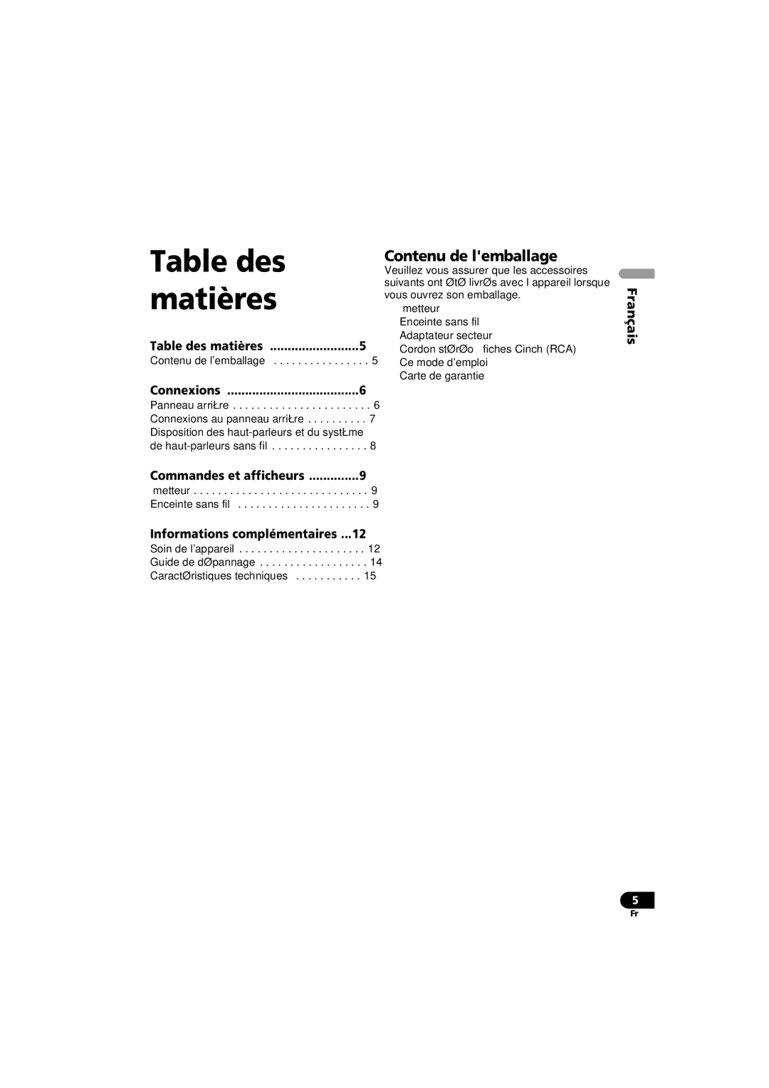 Pioneer XW-HTD630A manual Table des, Matières, Contenu de lemballage 