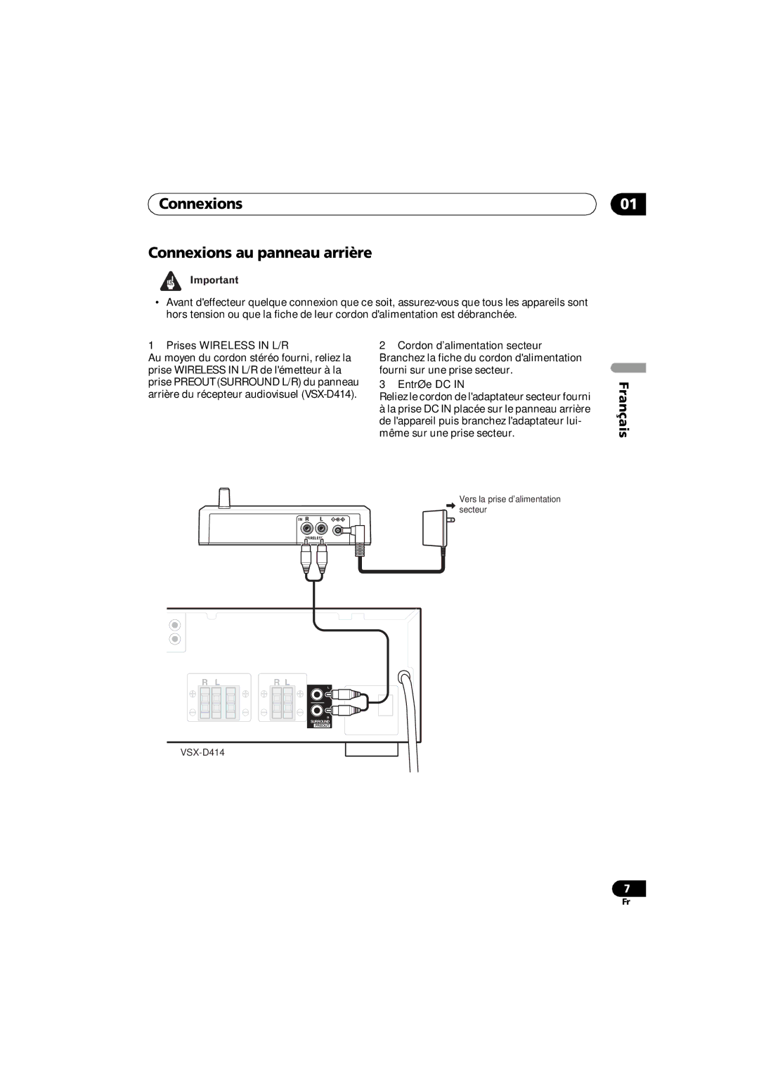 Pioneer XW-HTD630A manual Connexions Connexions au panneau arrière, Prises Wireless in L/R Cordon dalimentation secteur 