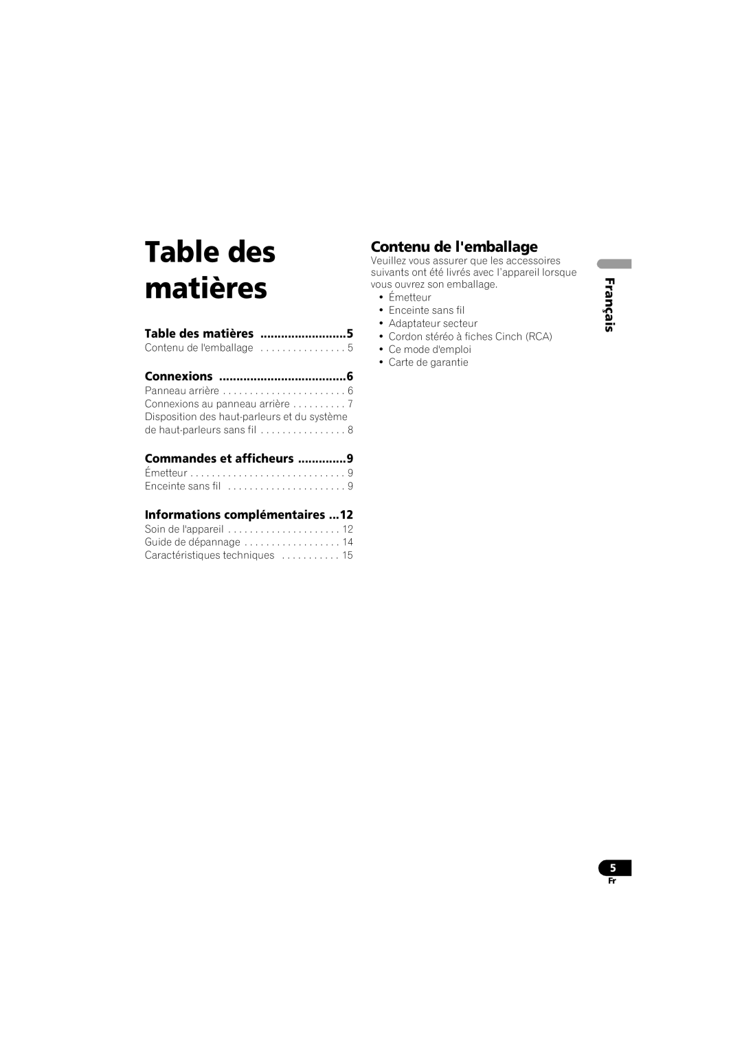 Pioneer XW-HTD630A Contenu de lemballage, Informations complémentaires, Table des matières, Connexions, Français 