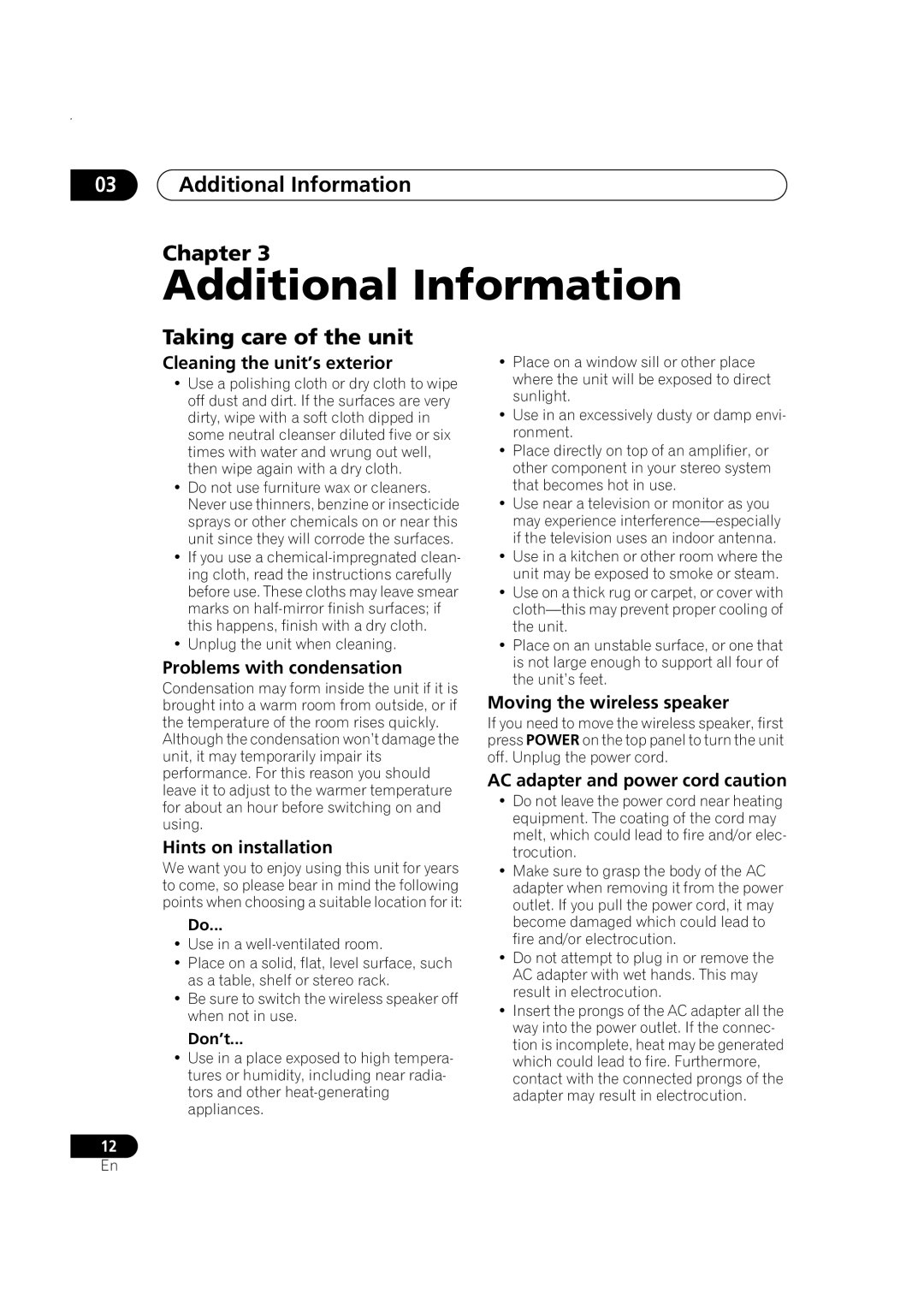 Pioneer XW-HTP550 manual Additional Information Chapter, Taking care of the unit 