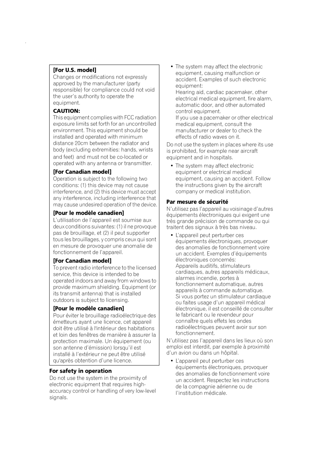 Pioneer XW-HTP550 manual For U.S. model, For Canadian model, Pour le modèle canadien, For safety in operation 