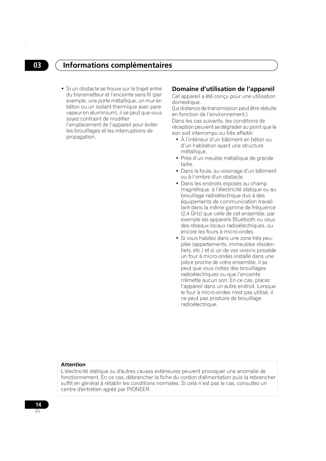 Pioneer XW-HTP550 manual 03Informations complémentaires, Domaine dutilisation de lappareil 