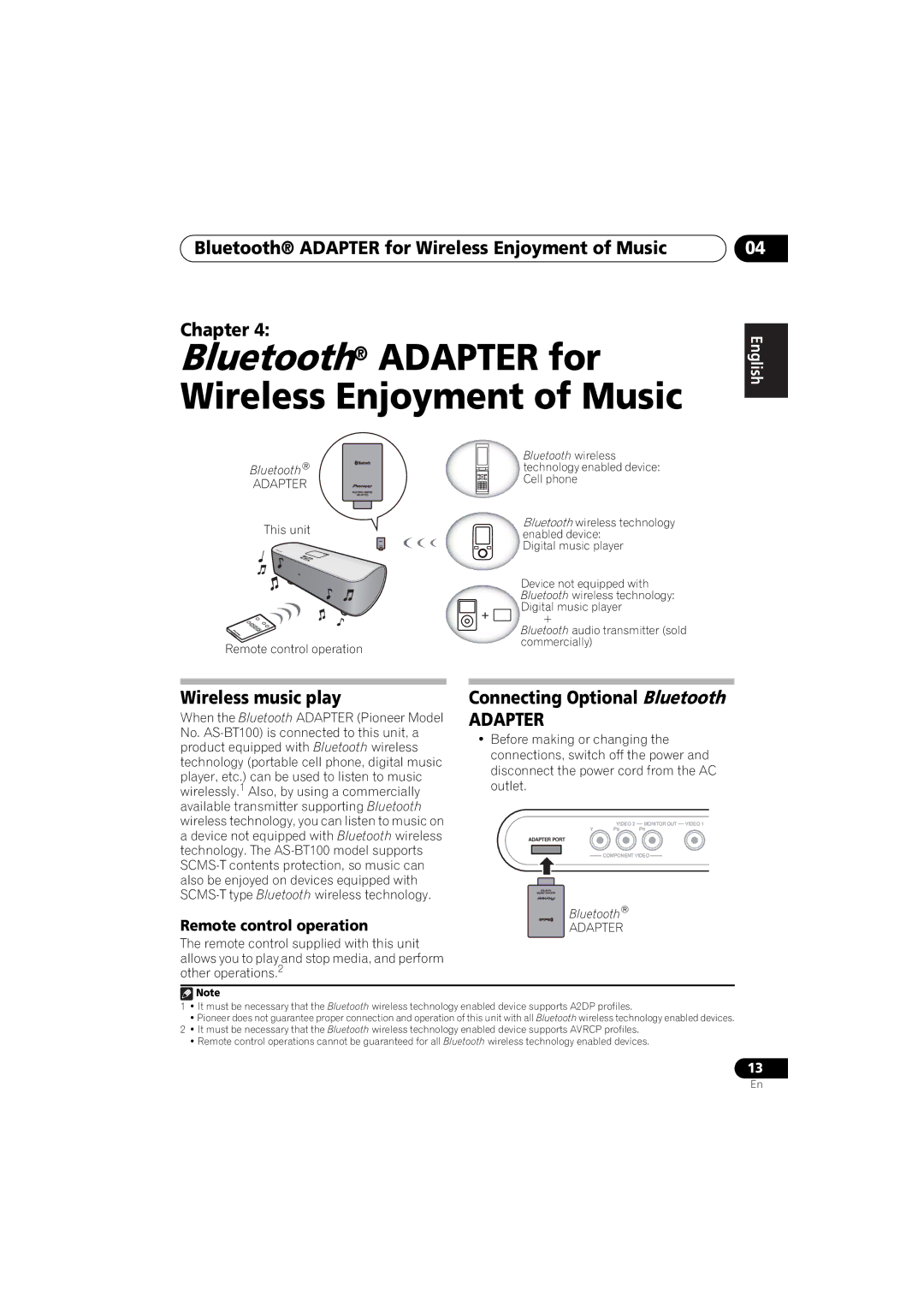 Pioneer XW-NAS3 Bluetooth Adapter for Wireless Enjoyment of Music Chapter, Wireless music play, Remote control operation 