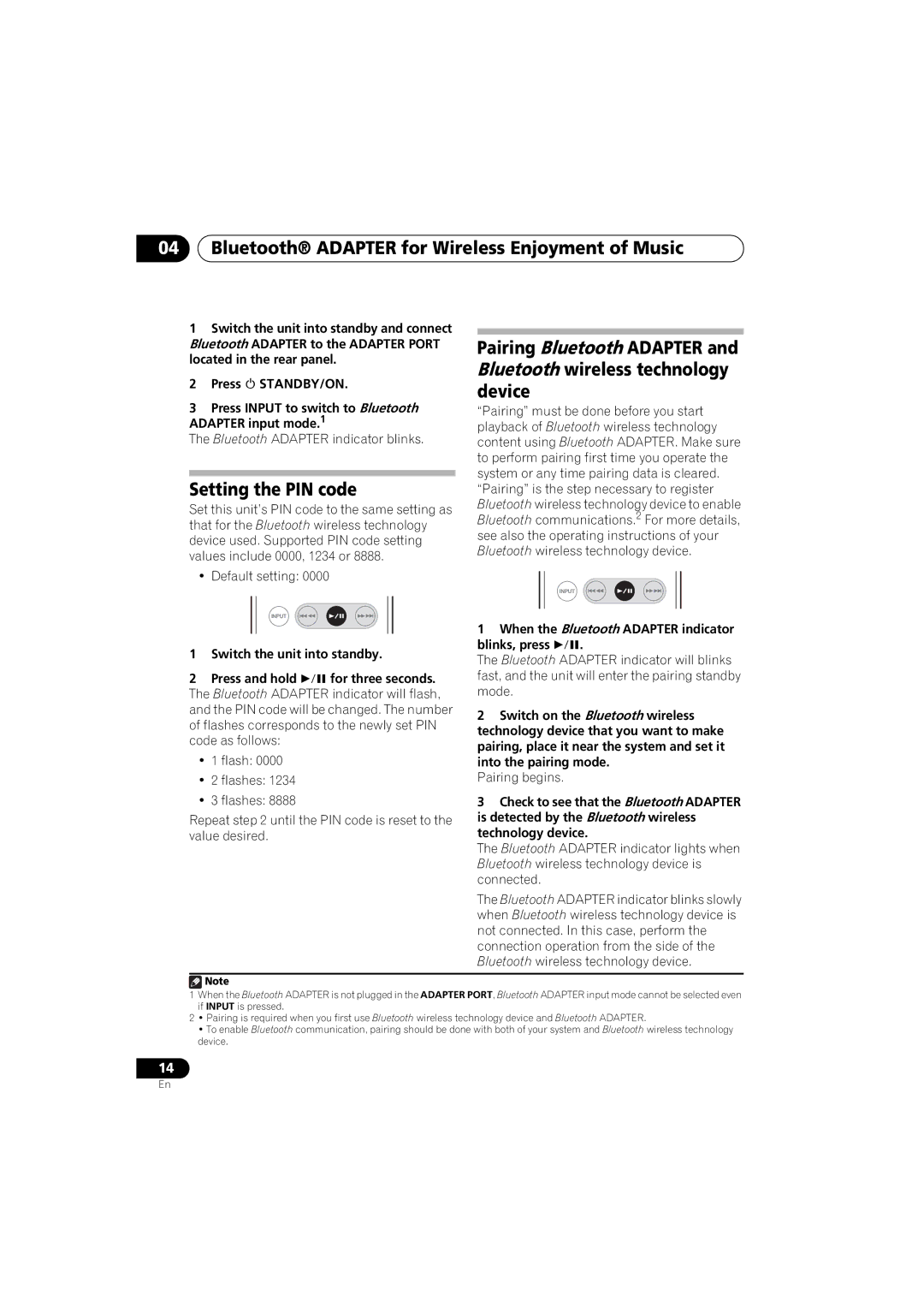 Pioneer XW-NAS3 operating instructions Bluetooth Adapter for Wireless Enjoyment of Music, Setting the PIN code 