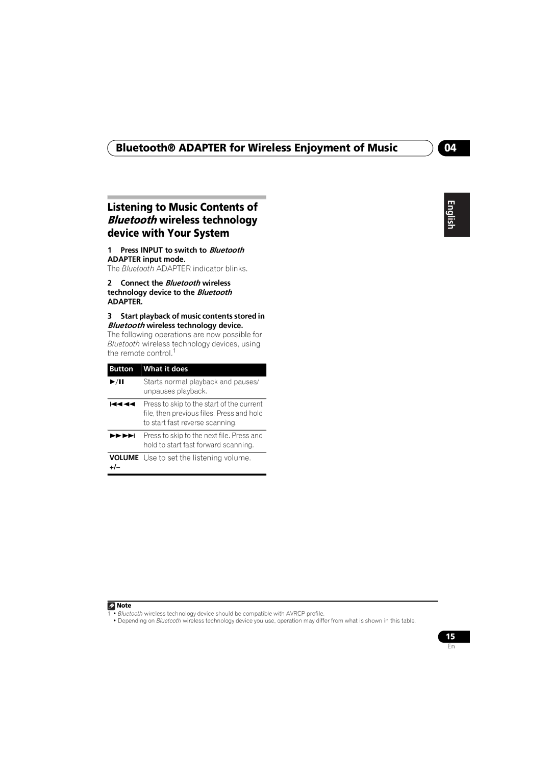 Pioneer XW-NAS3 operating instructions Press Input to switch to Bluetooth Adapter input mode 