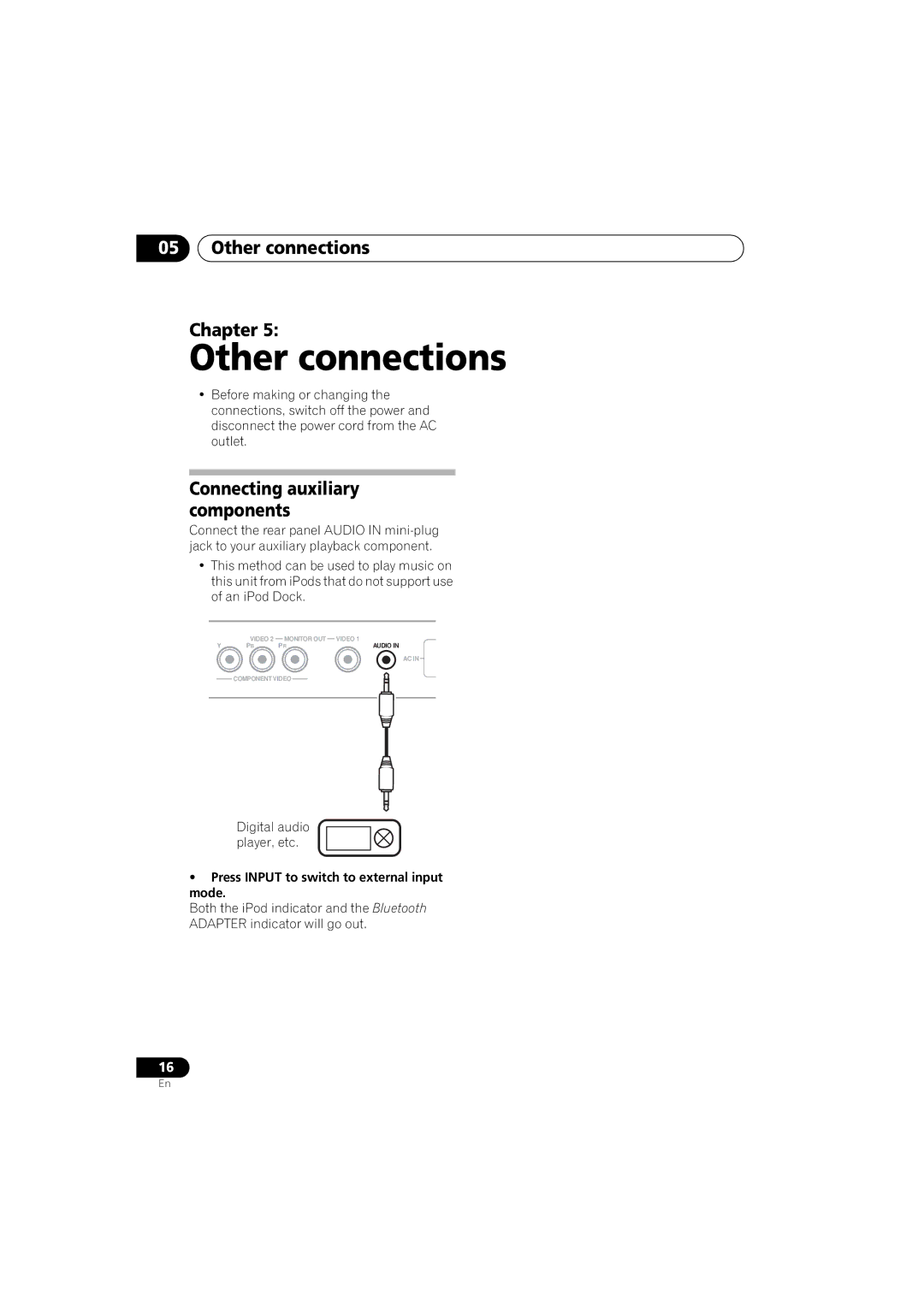 Pioneer XW-NAS3 Other connections Chapter, Digital audio player, etc, Press Input to switch to external input mode 