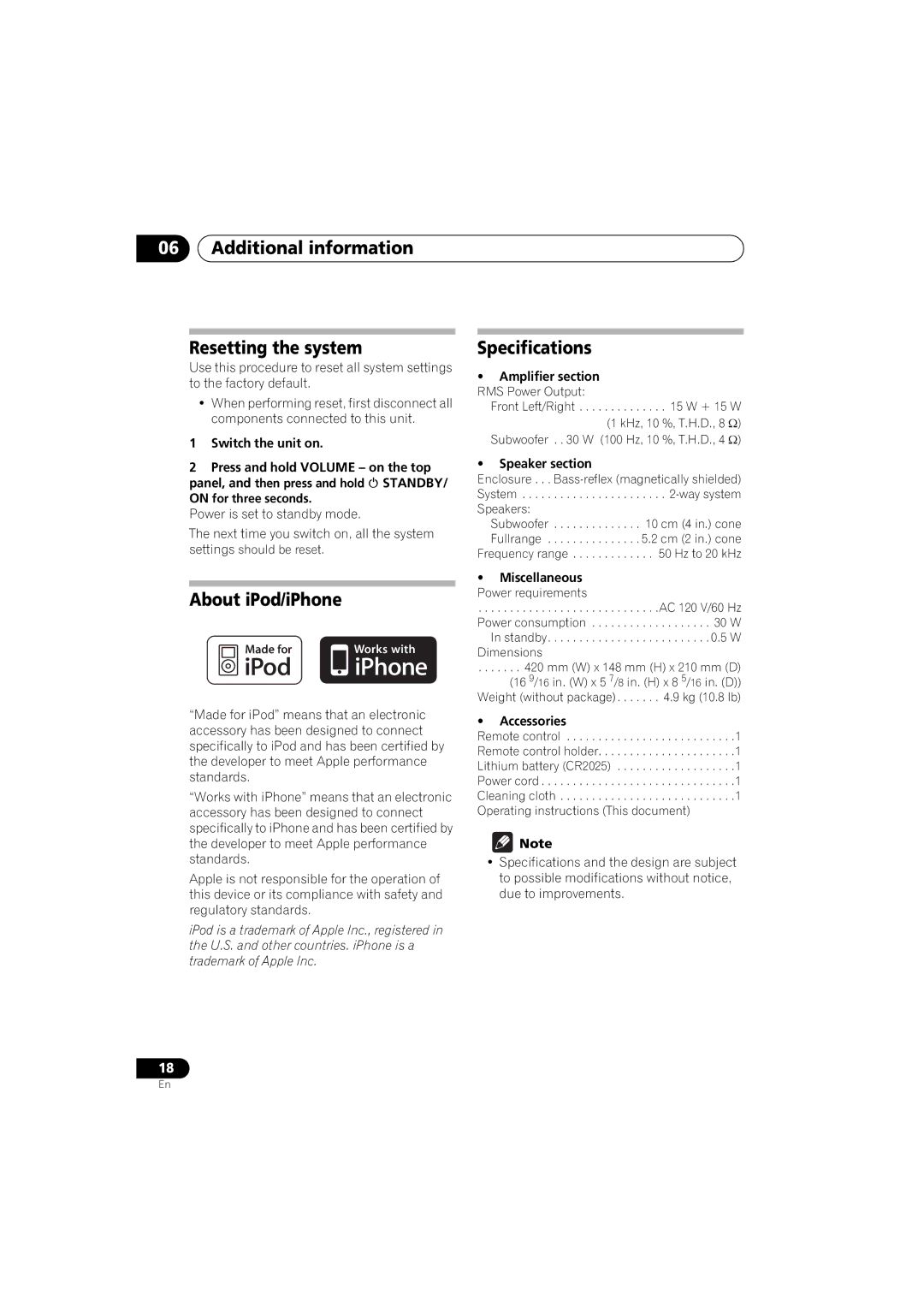 Pioneer XW-NAS3 operating instructions Additional information Resetting the system, About iPod/iPhone, Specifications 