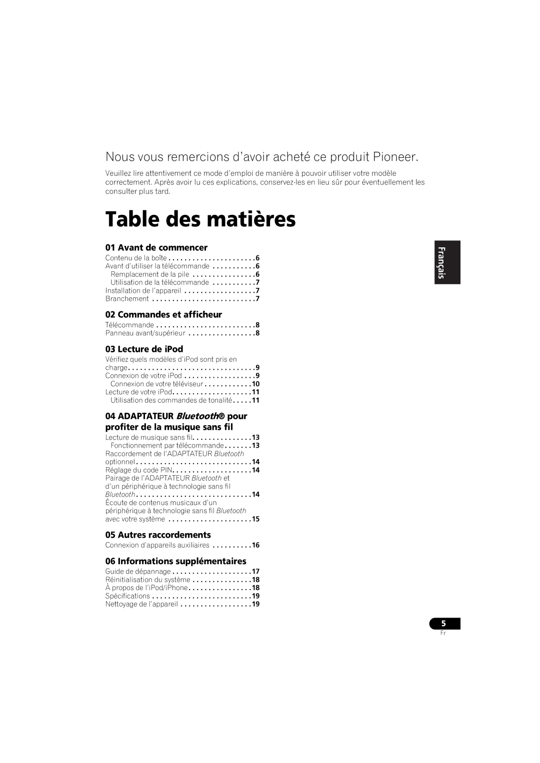 Pioneer XW-NAS3 operating instructions Table des matières 