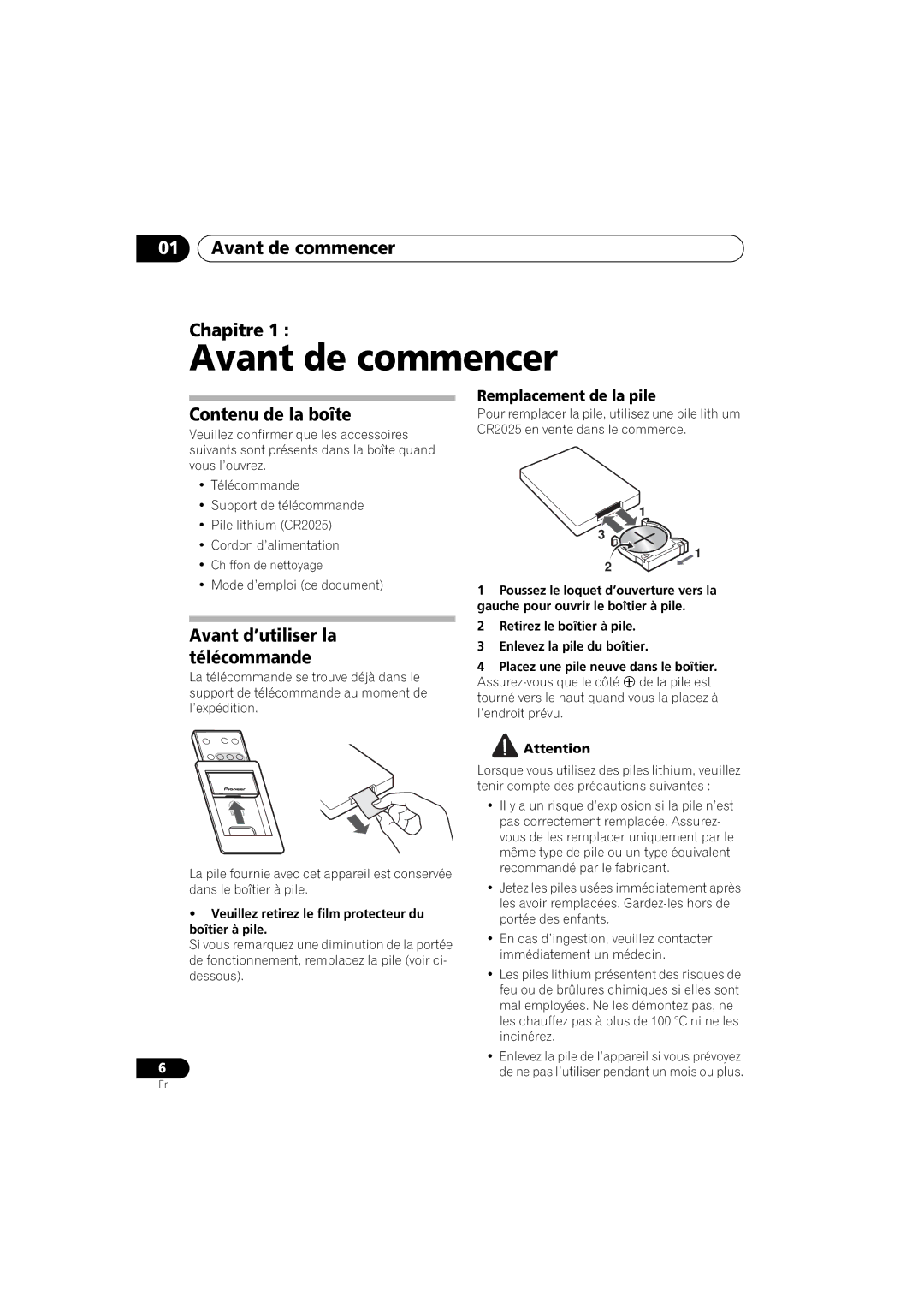 Pioneer XW-NAS3 Avant de commencer Chapitre, Contenu de la boîte, Avant d’utiliser la télécommande 