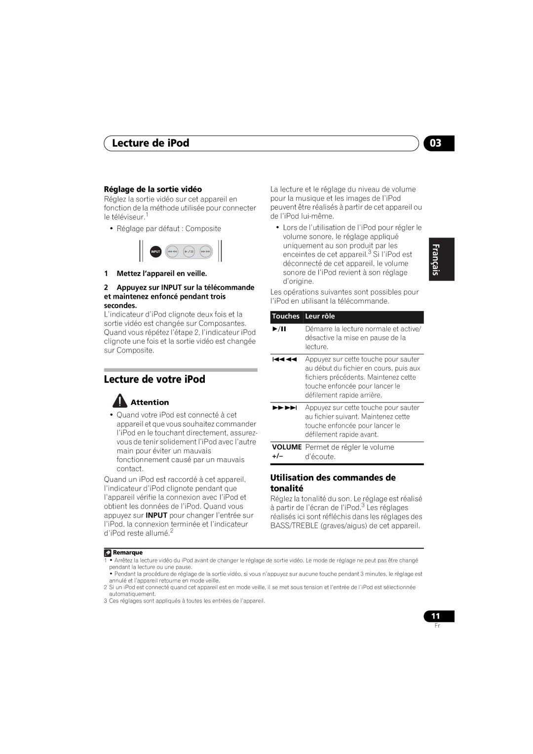 Pioneer XW-NAS3 operating instructions Lecture de votre iPod, Utilisation des commandes de tonalité 