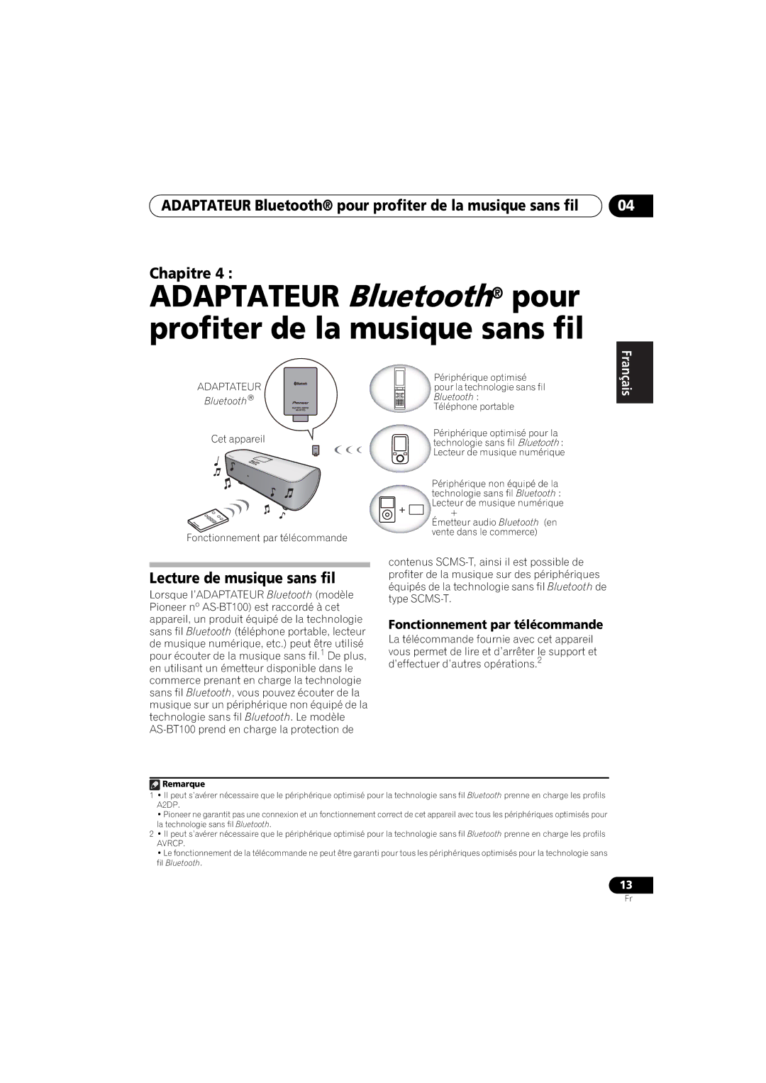 Pioneer XW-NAS3 operating instructions Lecture de musique sans fil, Cet appareil Fonctionnement par télécommande 