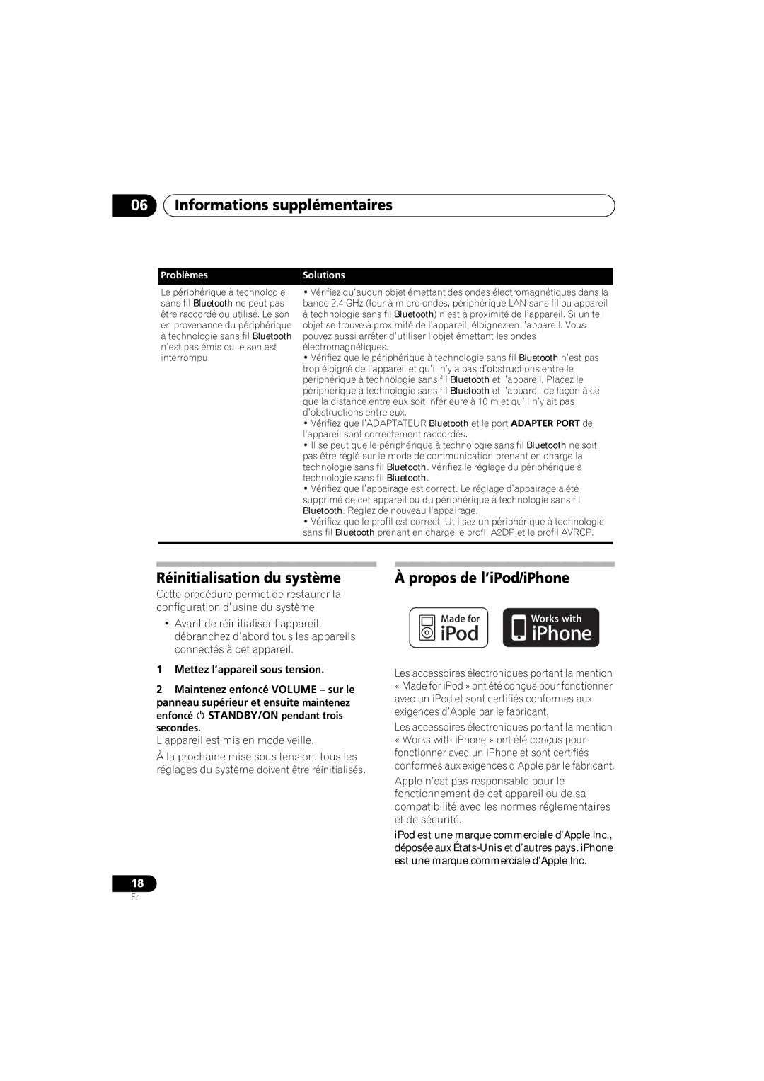 Pioneer XW-NAS3 operating instructions Informations supplémentaires, Réinitialisation du système, Propos de l’iPod/iPhone 