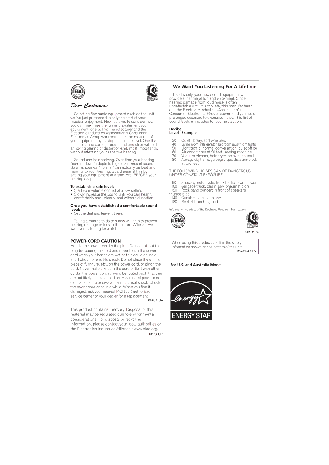 Pioneer XW-NAS3 operating instructions POWER-CORD Caution 