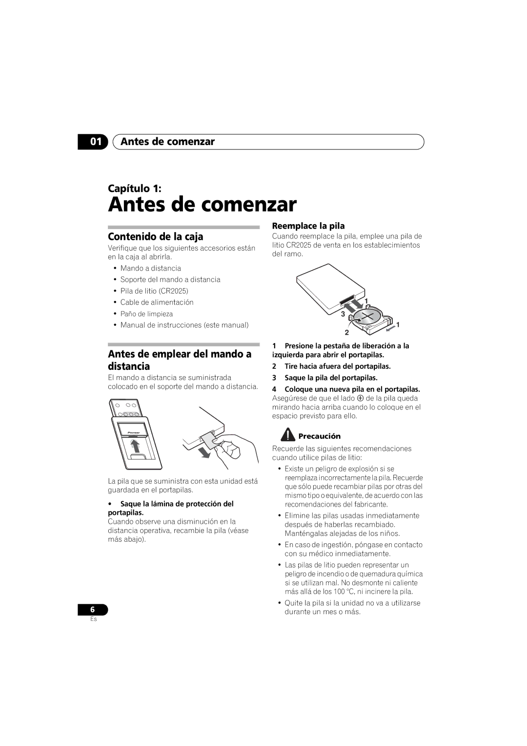 Pioneer XW-NAS3 Antes de comenzar Capítulo, Contenido de la caja, Antes de emplear del mando a distancia 