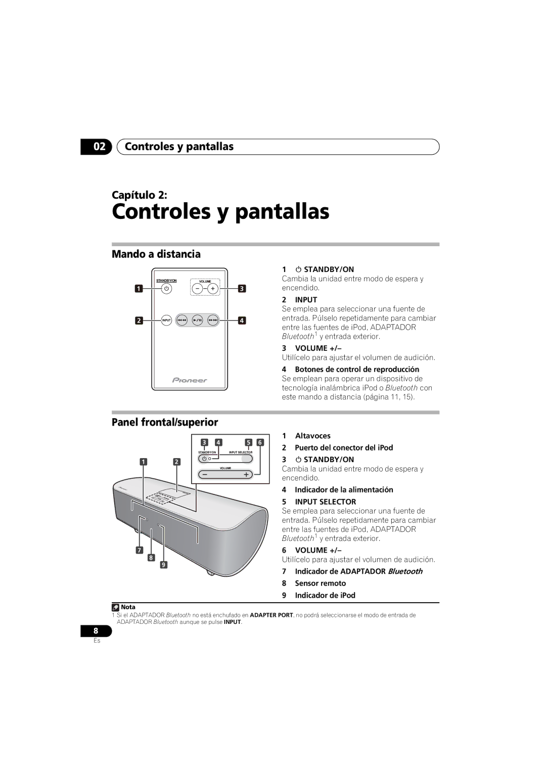 Pioneer XW-NAS3 operating instructions Controles y pantallas Capítulo, Mando a distancia, Panel frontal/superior 