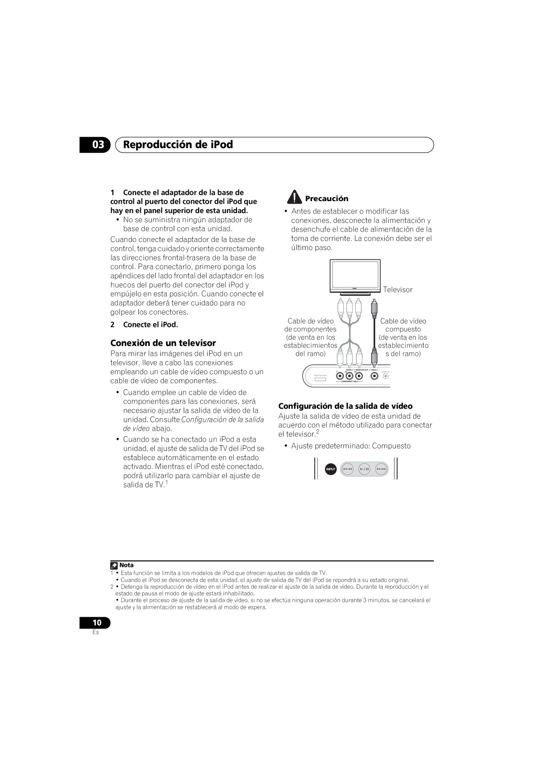 Pioneer XW-NAS3 Reproducción de iPod, Conexión de un televisor, Conecte el adaptador de la base de, Conecte el iPod 