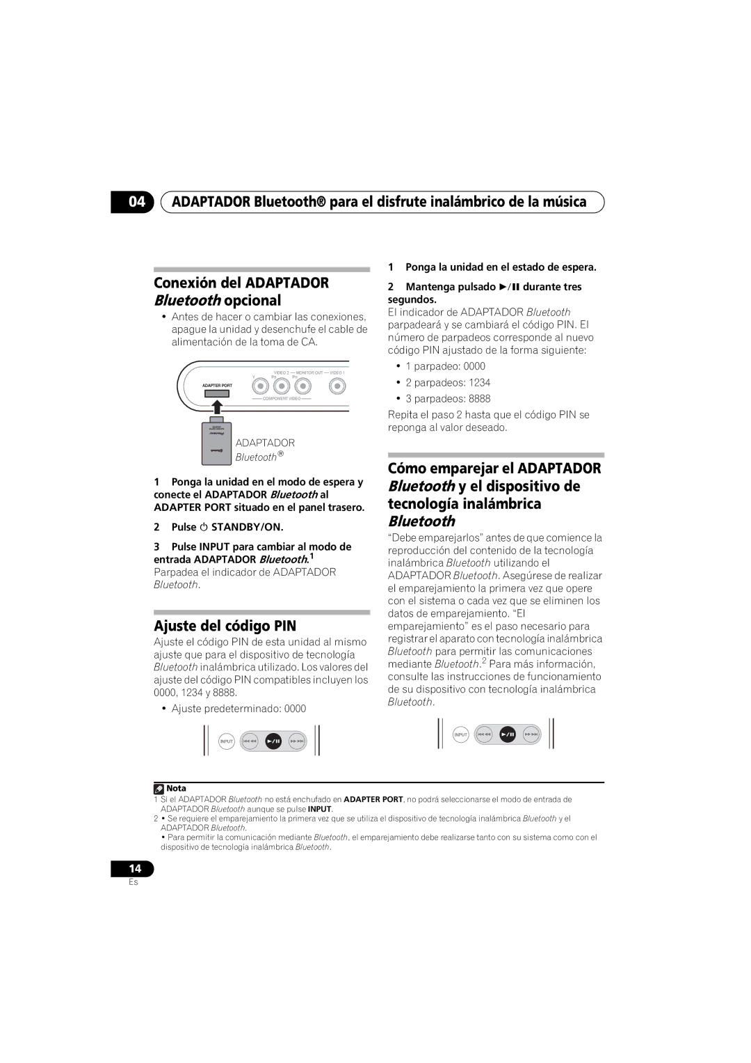 Pioneer XW-NAS3 operating instructions Bluetooth y el dispositivo de, Tecnología inalámbrica, Ajuste del código PIN 