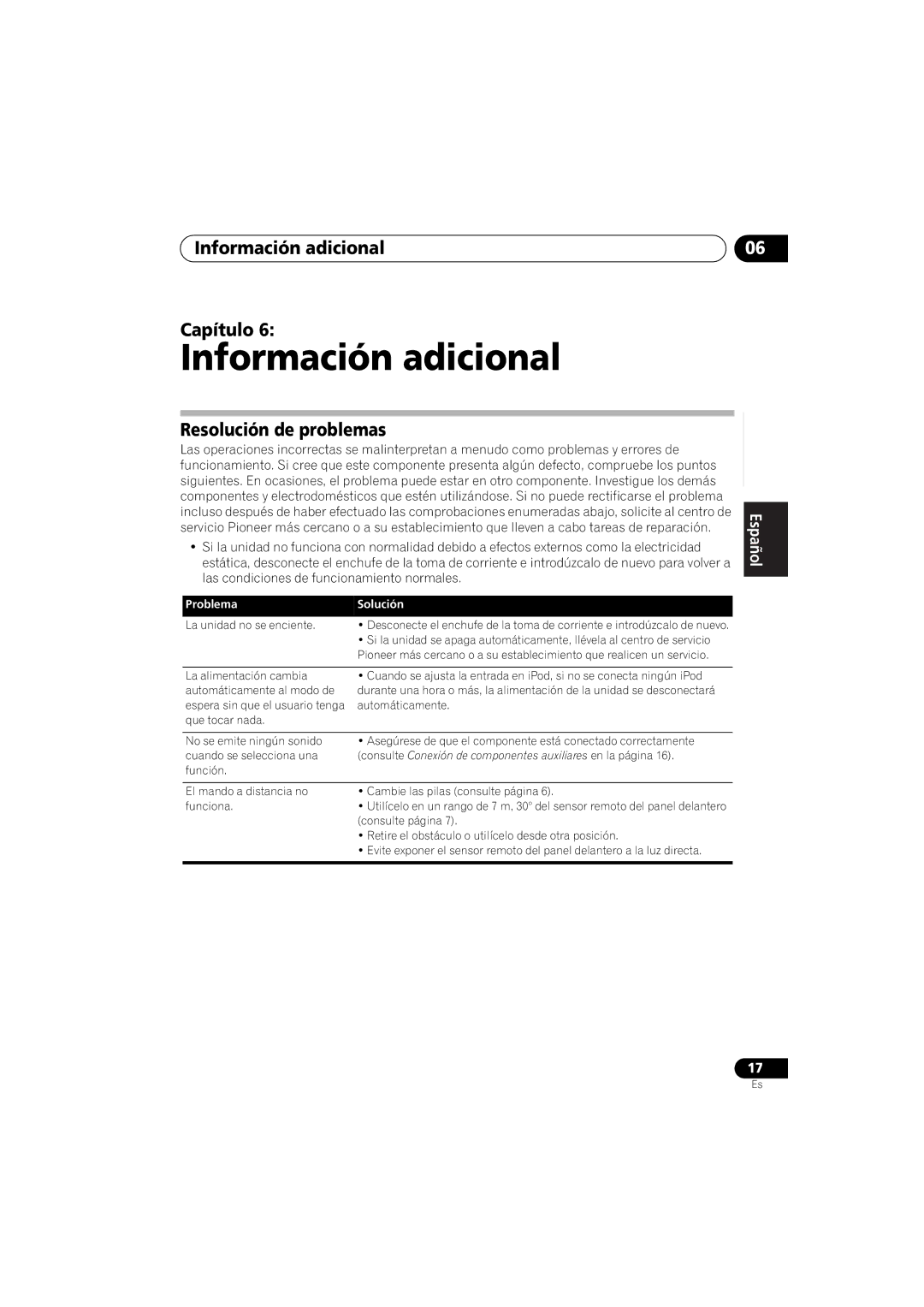 Pioneer XW-NAS3 operating instructions Información adicional Capítulo, Resolución de problemas 