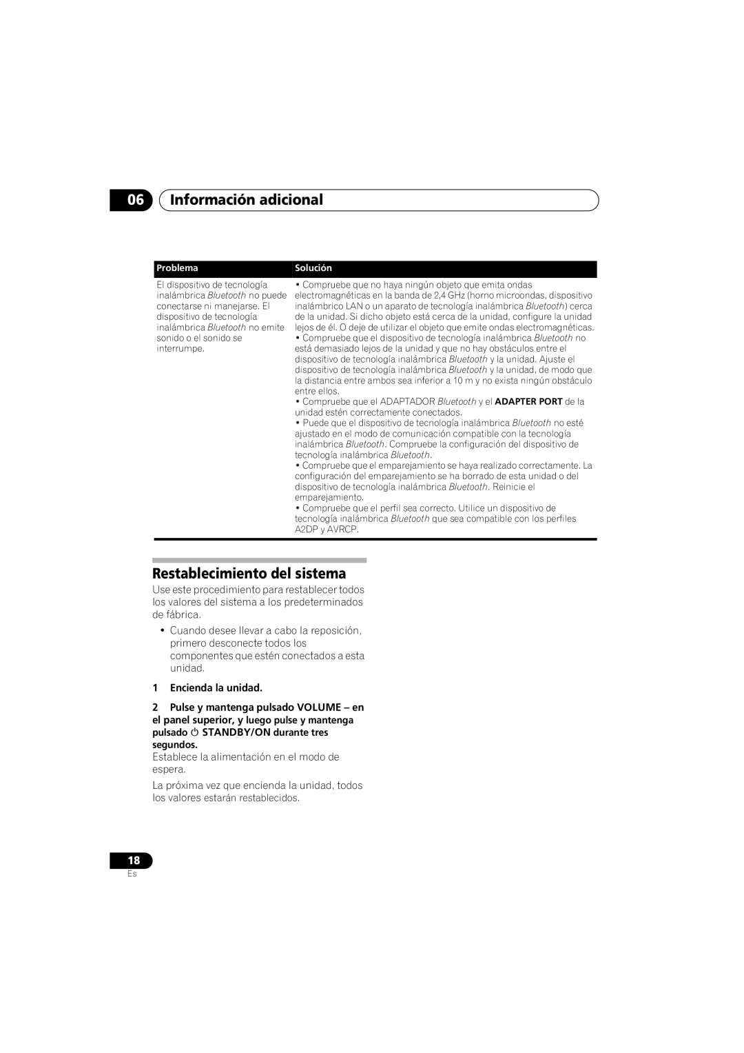 Pioneer XW-NAS3 operating instructions Información adicional, Restablecimiento del sistema 