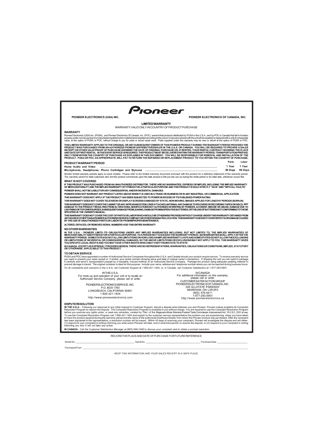 Pioneer XW-NAS3 operating instructions Limitedwarranty 