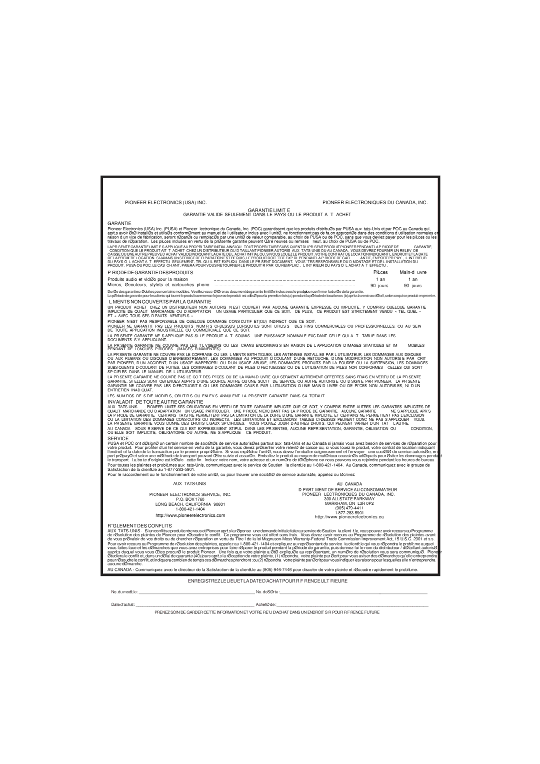 Pioneer XW-NAS3 operating instructions Garantie 