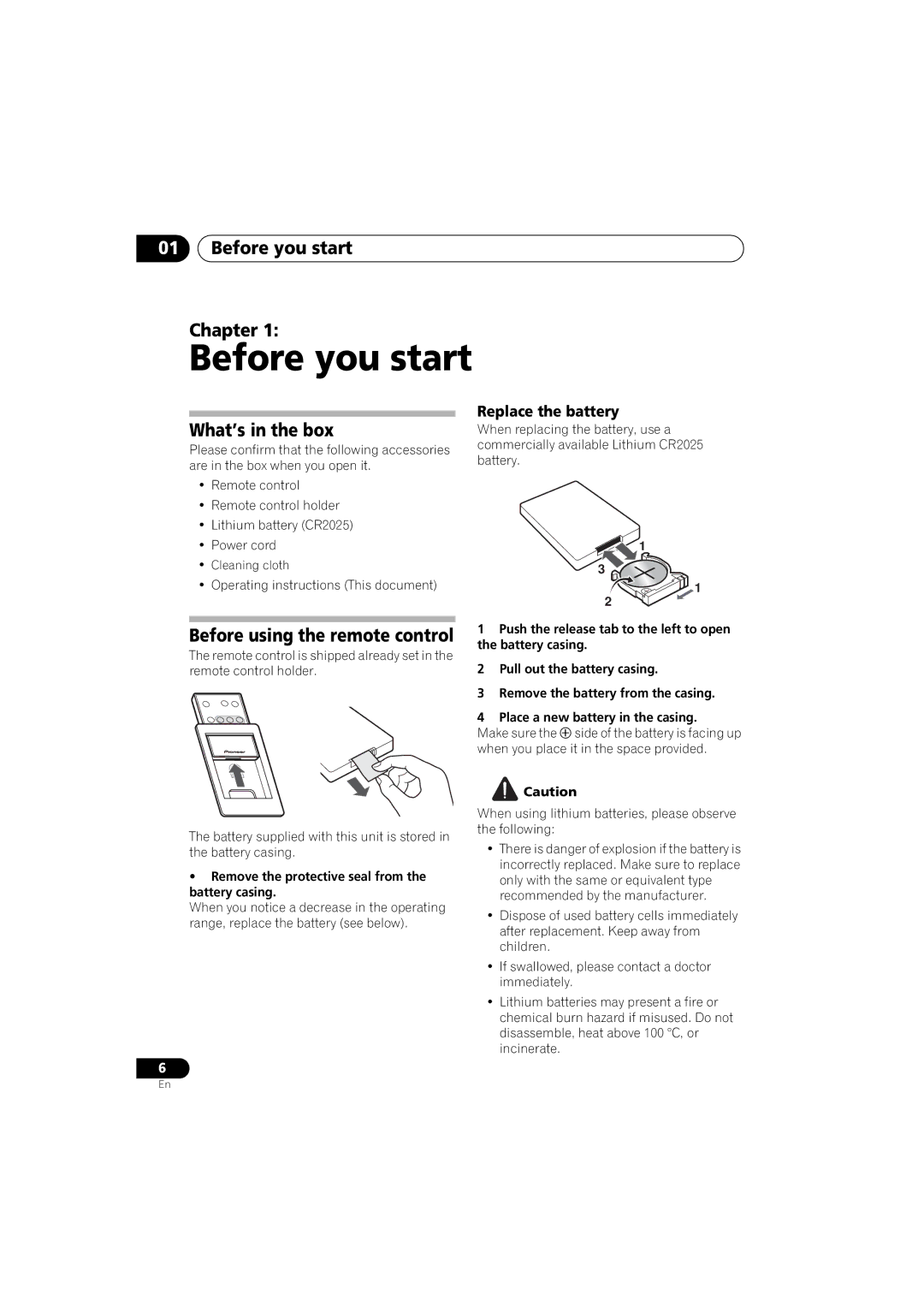 Pioneer XW-NAS3 Before you start Chapter, What’s in the box, Before using the remote control, Replace the battery 