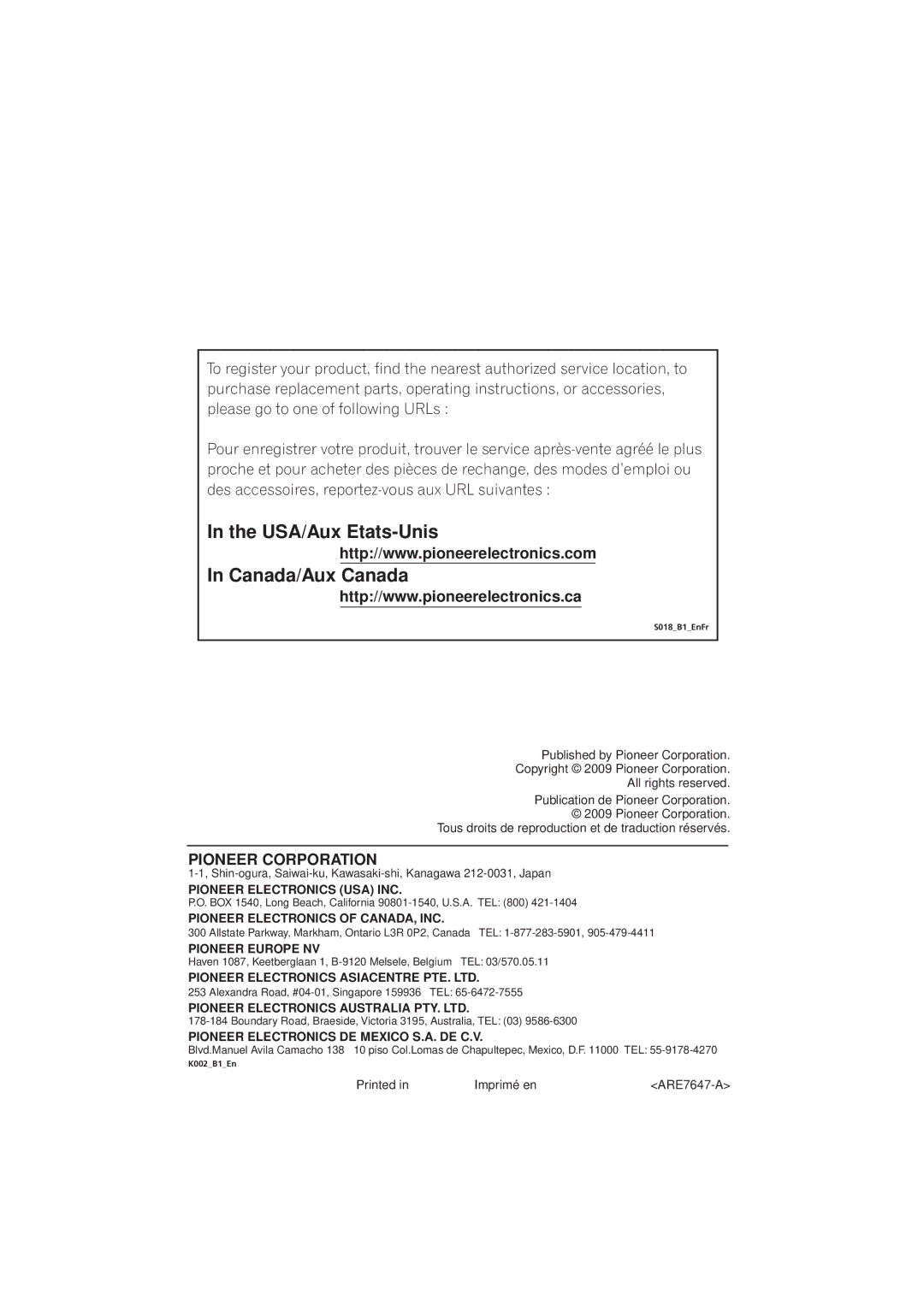 Pioneer XW-NAS3 operating instructions USA/Aux Etats-Unis Canada/Aux Canada 