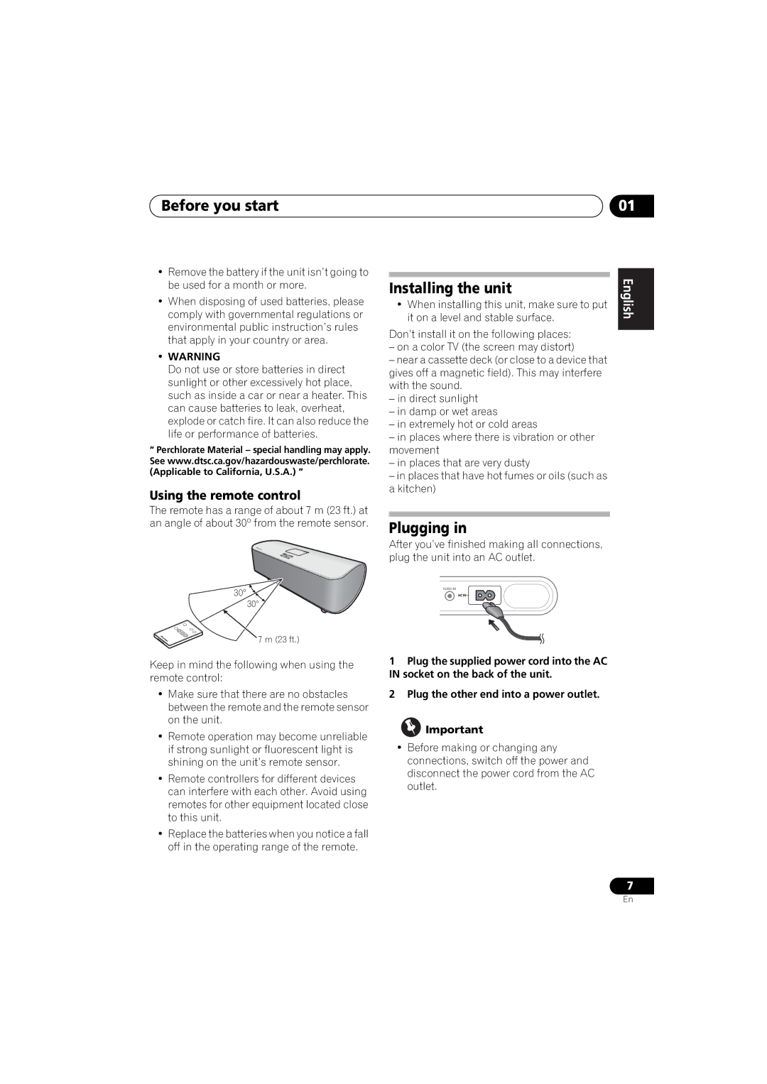 Pioneer XW-NAS3 operating instructions Before you start, Installing the unit, Plugging, Using the remote control 