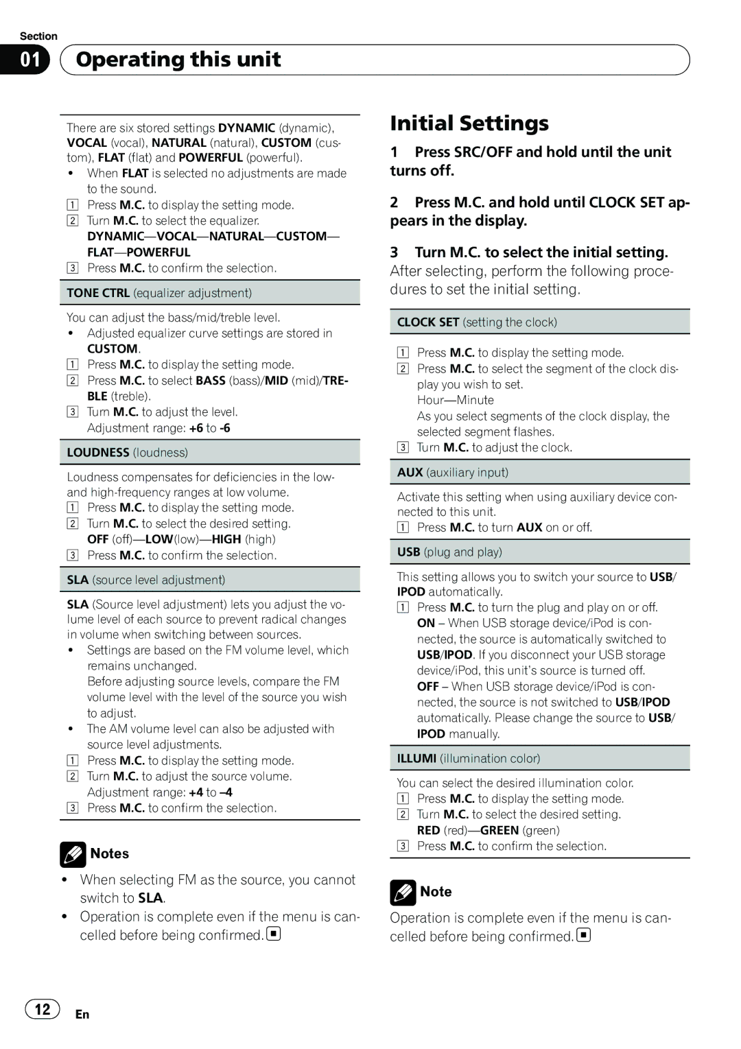 Pioneer YRD5301BS, DEH-2200UB owner manual Operating this unit Initial Settings 