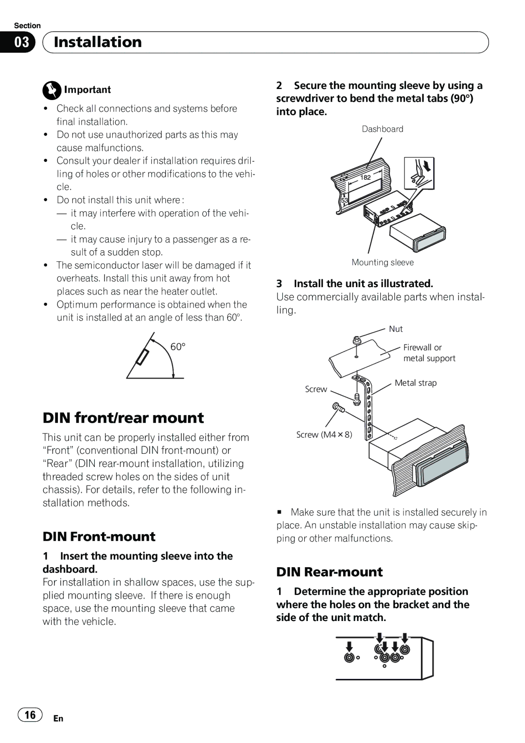 Pioneer YRD5301BS, DEH-2200UB owner manual Installation, DIN front/rear mount, DIN Front-mount, DIN Rear-mount 