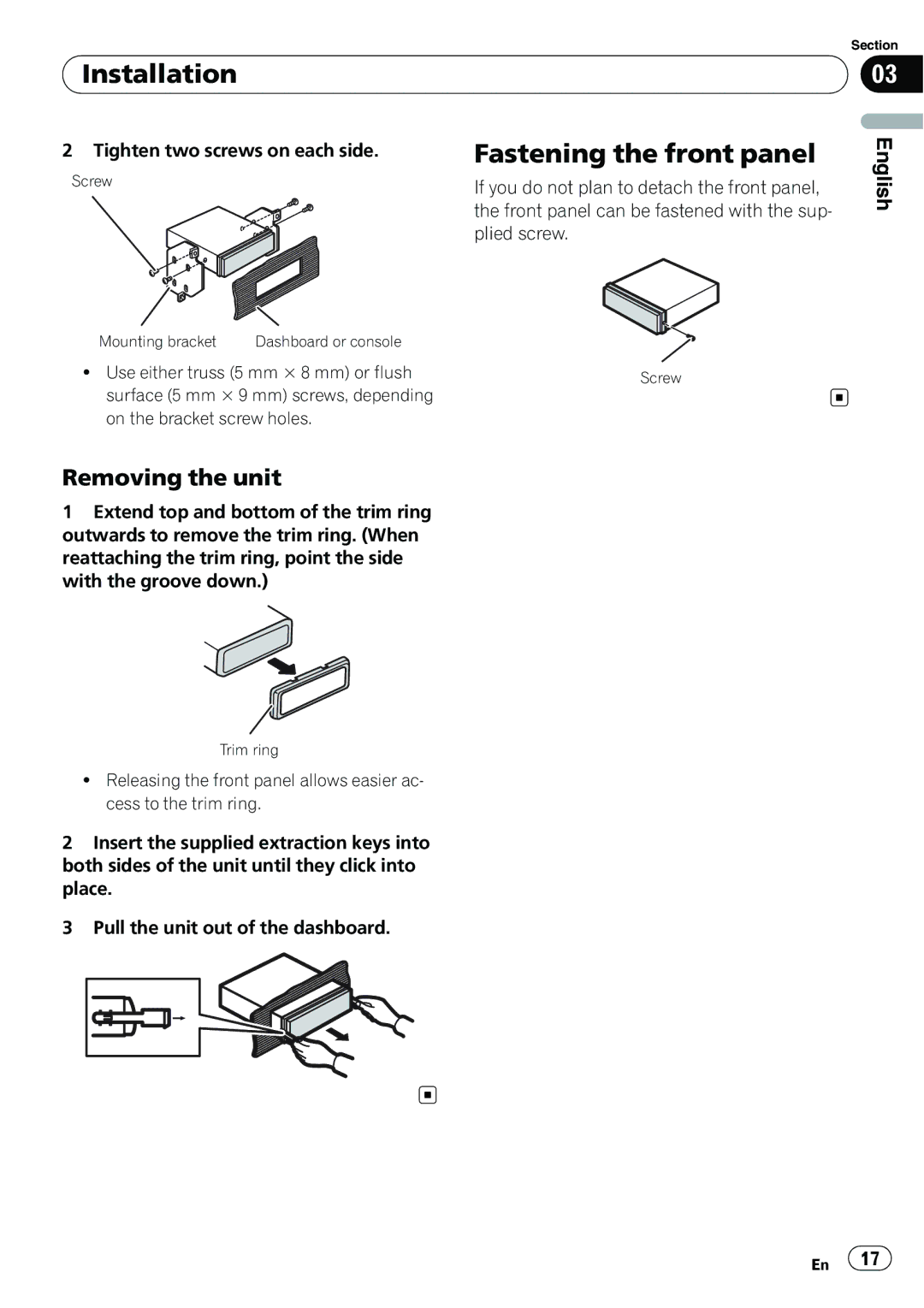 Pioneer DEH-2200UB, YRD5301BS owner manual Fastening the front panel, Removing the unit 