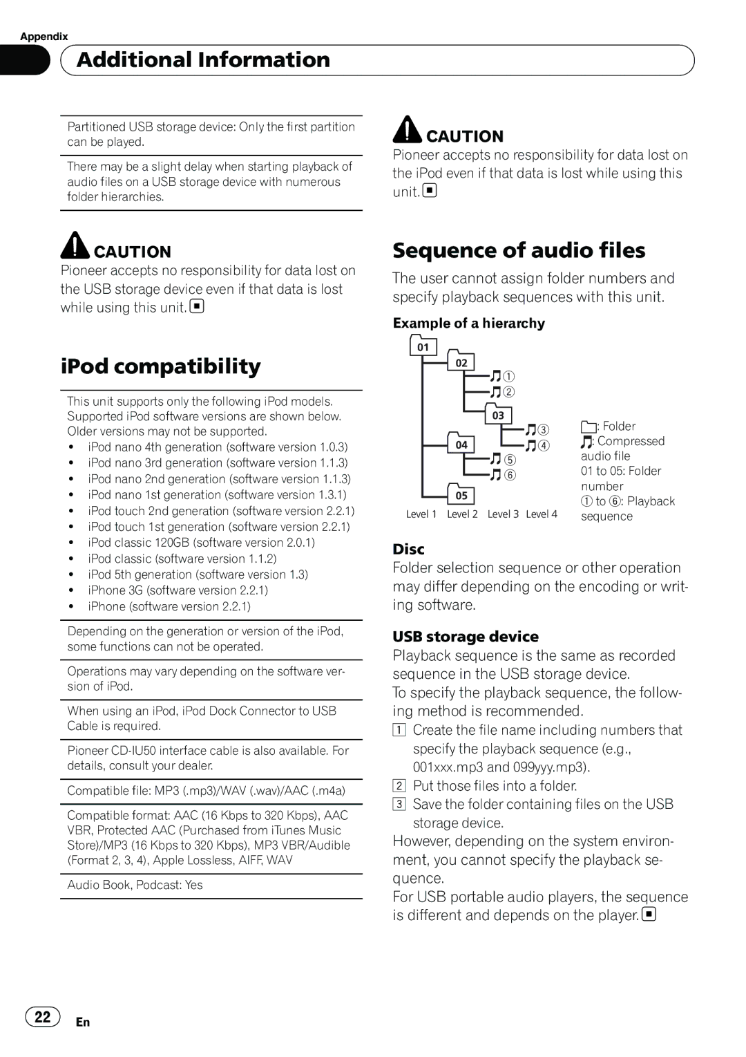 Pioneer YRD5301BS, DEH-2200UB owner manual Sequence of audio files, IPod compatibility, Example of a hierarchy 