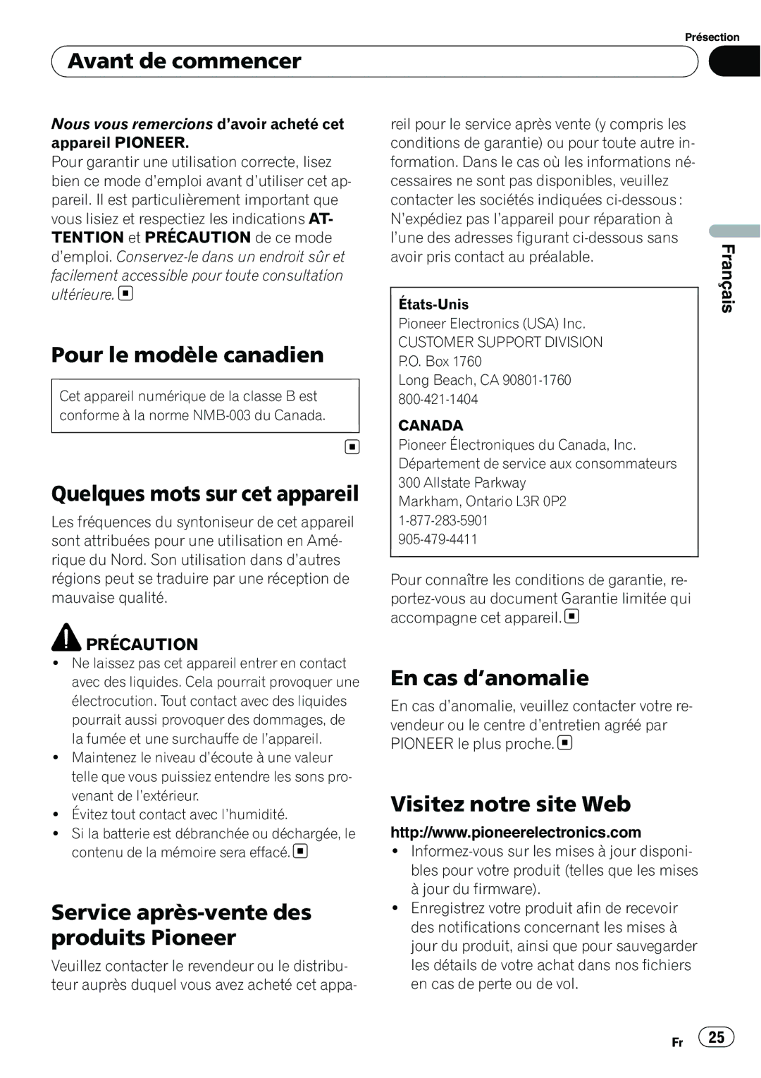 Pioneer DEH-2200UB Avant de commencer, Pour le modèle canadien, Quelques mots sur cet appareil, En cas d’anomalie 