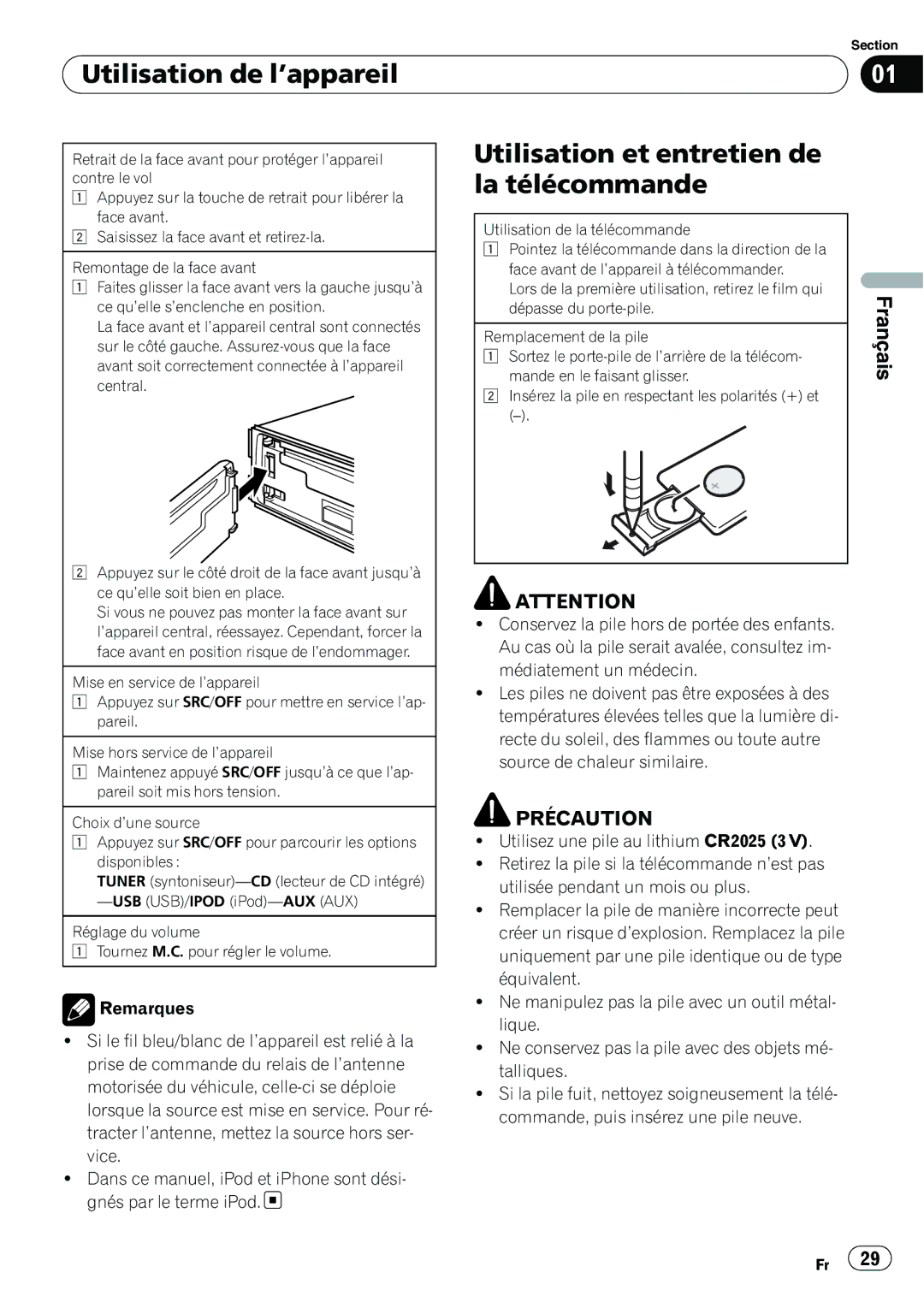 Pioneer DEH-2200UB, YRD5301BS owner manual Utilisation de l’appareil, Utilisation et entretien de, La télécommande 