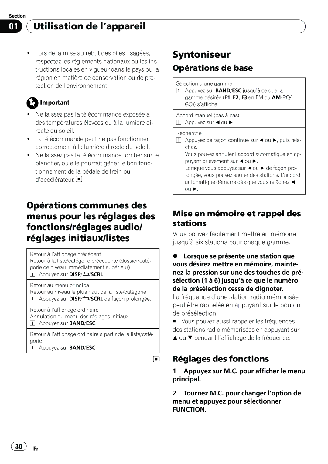 Pioneer YRD5301BS Syntoniseur, Opérations de base, Mise en mémoire et rappel des stations, Réglages des fonctions 