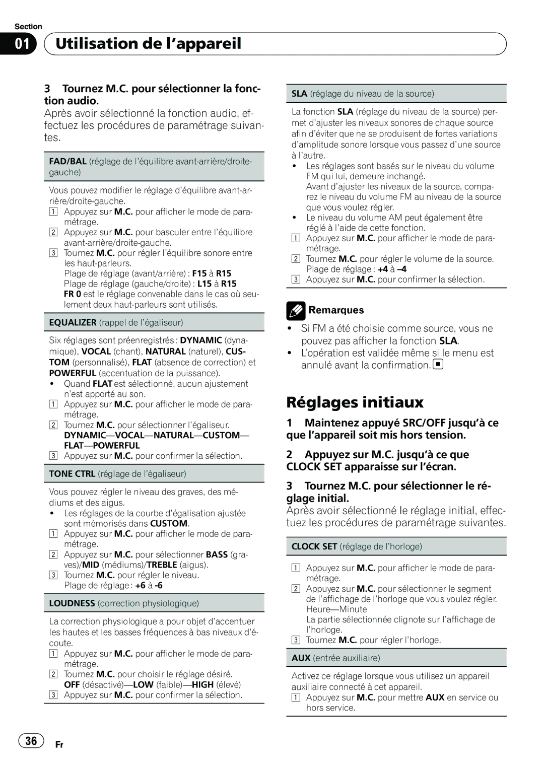 Pioneer YRD5301BS, DEH-2200UB owner manual Réglages initiaux, Dynamic-Vocal-Natural-Custom- Flat-Powerful 