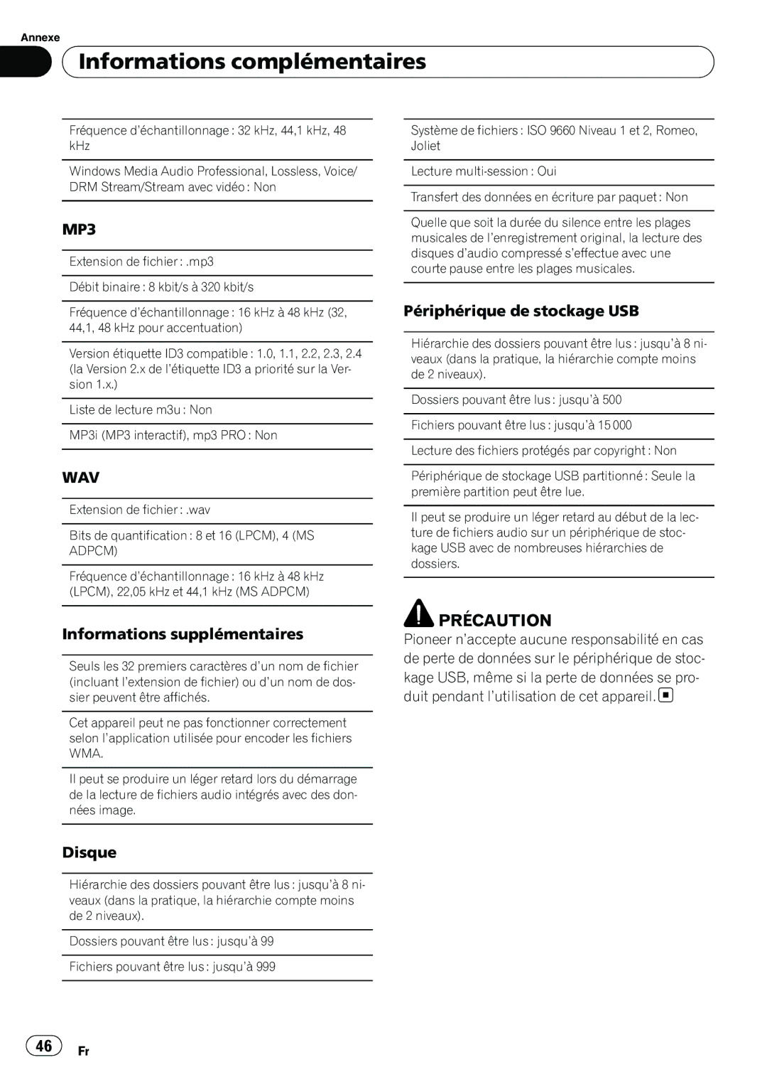 Pioneer YRD5301BS, DEH-2200UB owner manual Informations supplémentaires, Disque, Adpcm 