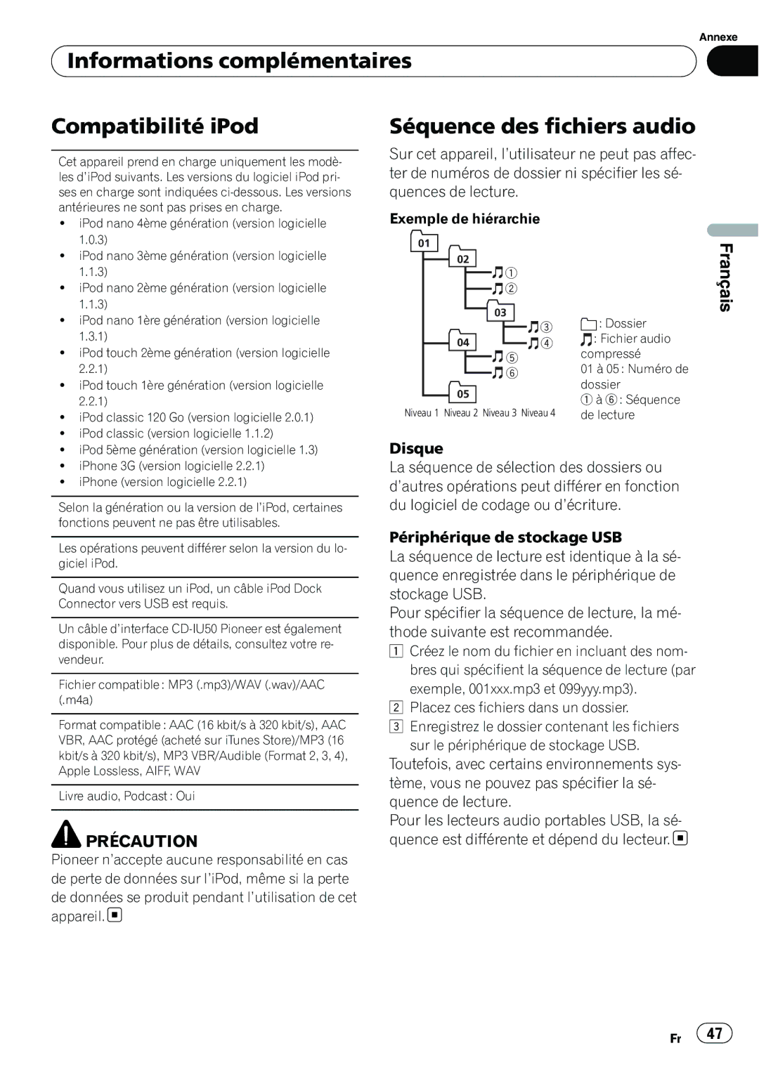 Pioneer DEH-2200UB, YRD5301BS owner manual Informations complémentaires Compatibilité iPod, Séquence des fichiers audio 