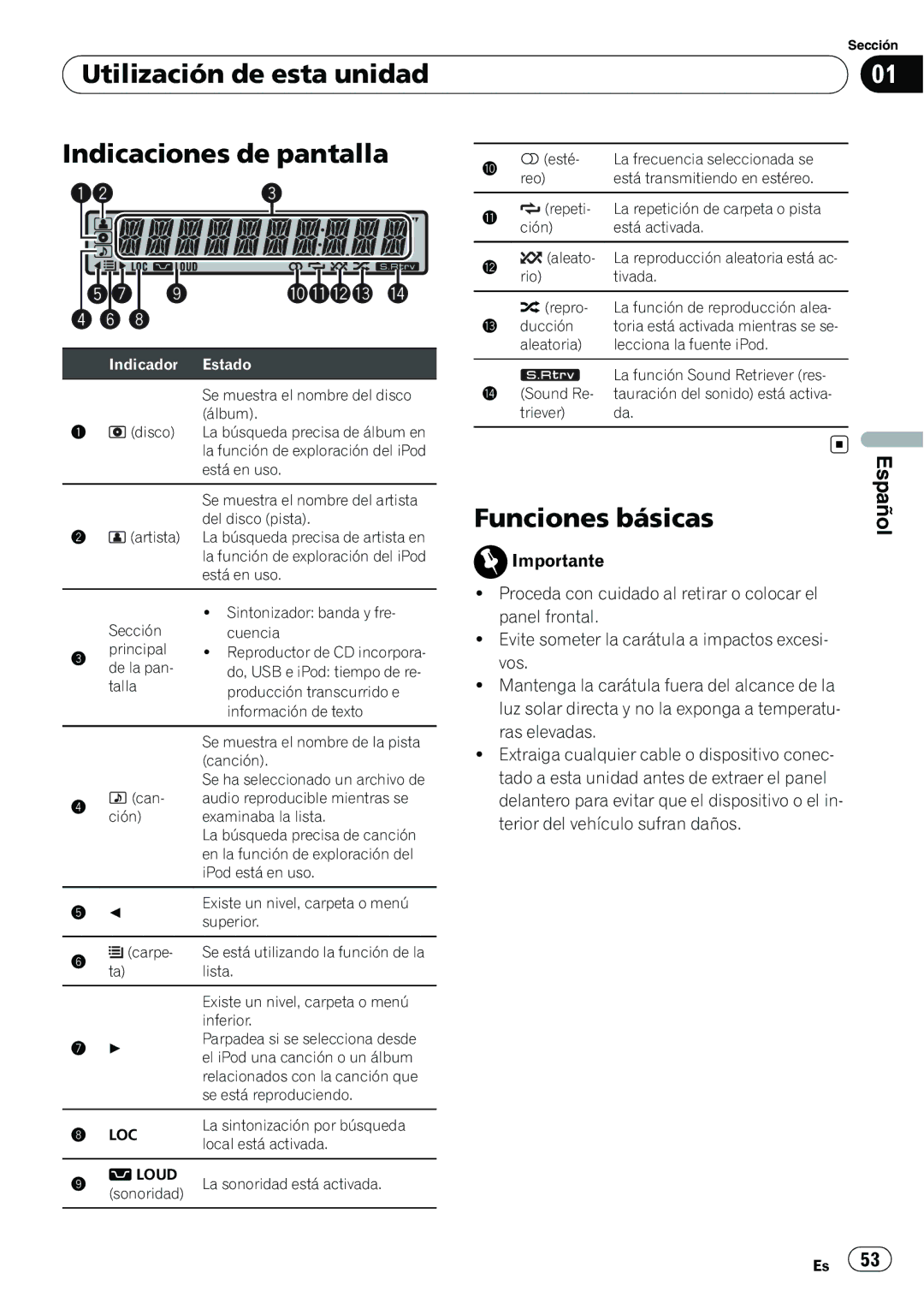 Pioneer DEH-2200UB, YRD5301BS owner manual Utilización de esta unidad Indicaciones de pantalla, Funciones básicas 