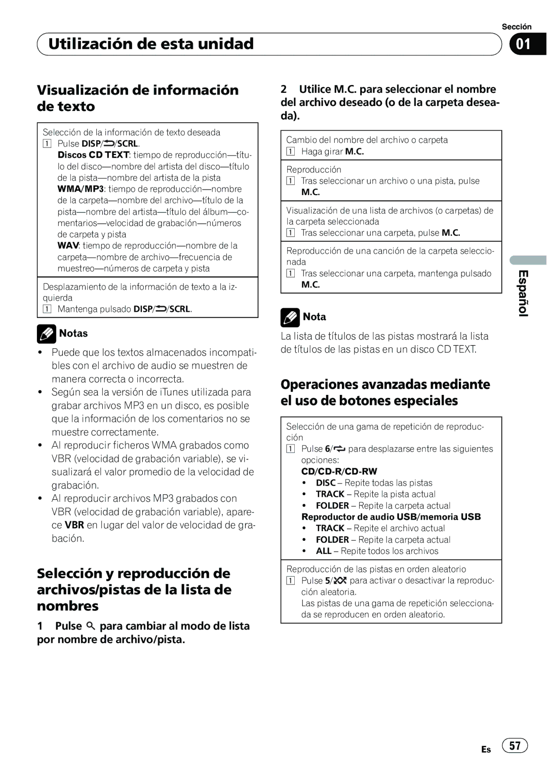 Pioneer DEH-2200UB Visualización de información de texto, Operaciones avanzadas mediante el uso de botones especiales 