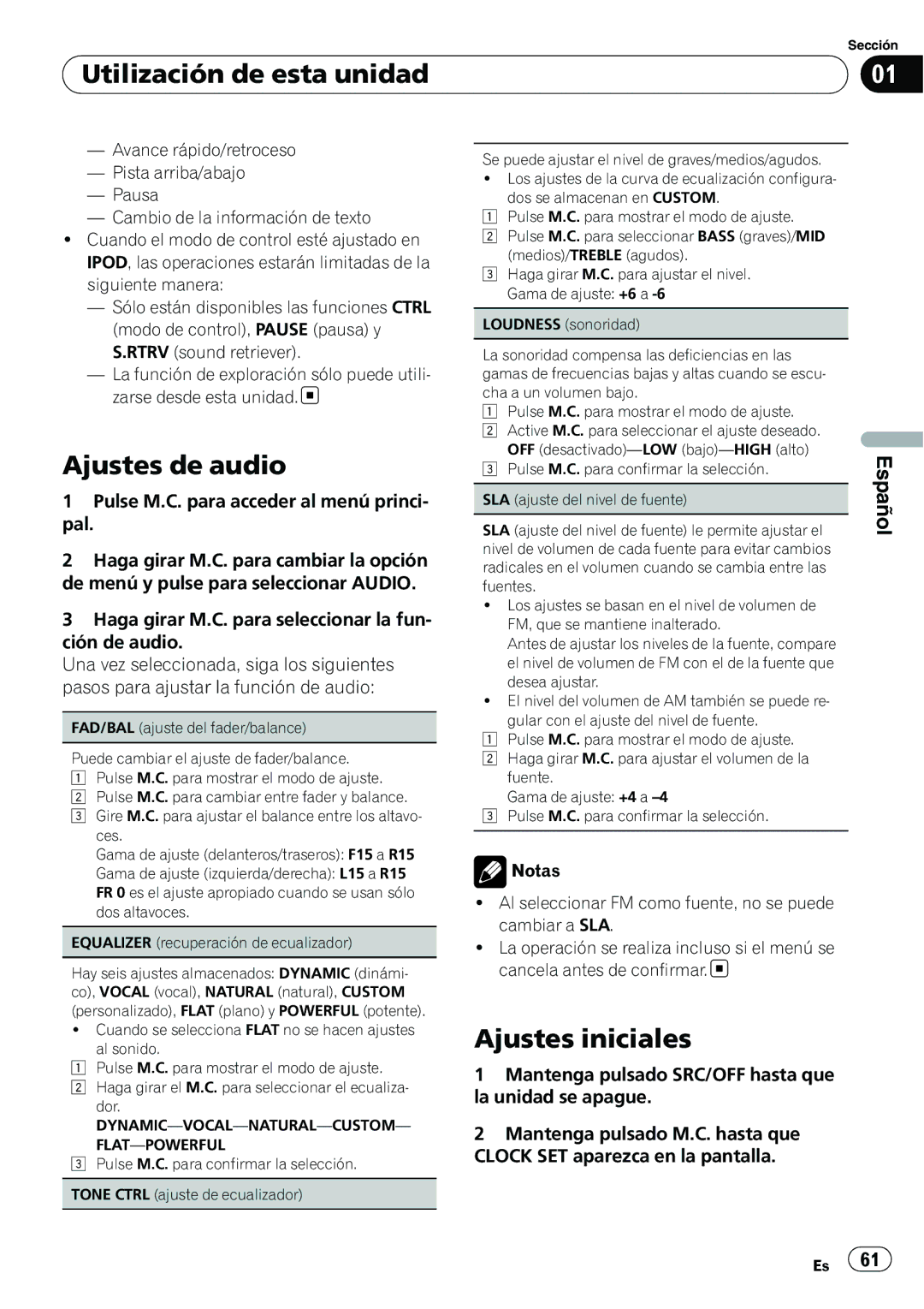 Pioneer DEH-2200UB, YRD5301BS owner manual Ajustes de audio, Ajustes iniciales 