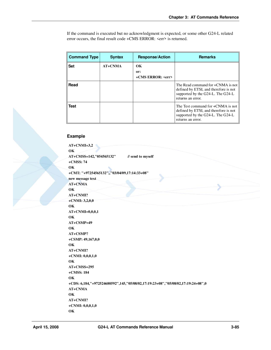 PIONEERPOS G24-LC manual At+Cnma, AT+CNMI=3,2, AT+CNMA OK AT+CNMI? +CNMI 3,2,0,0, OK AT+CSMP=49 