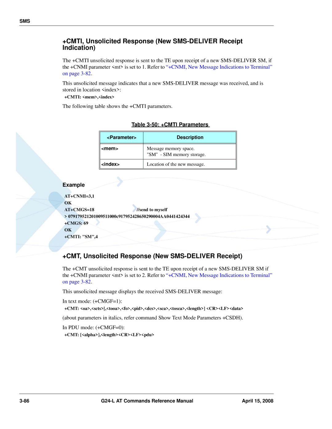 PIONEERPOS G24-LC manual +CMT, Unsolicited Response New SMS-DELIVER Receipt, 50 +CMTI Parameters, Parameter Description Mem 